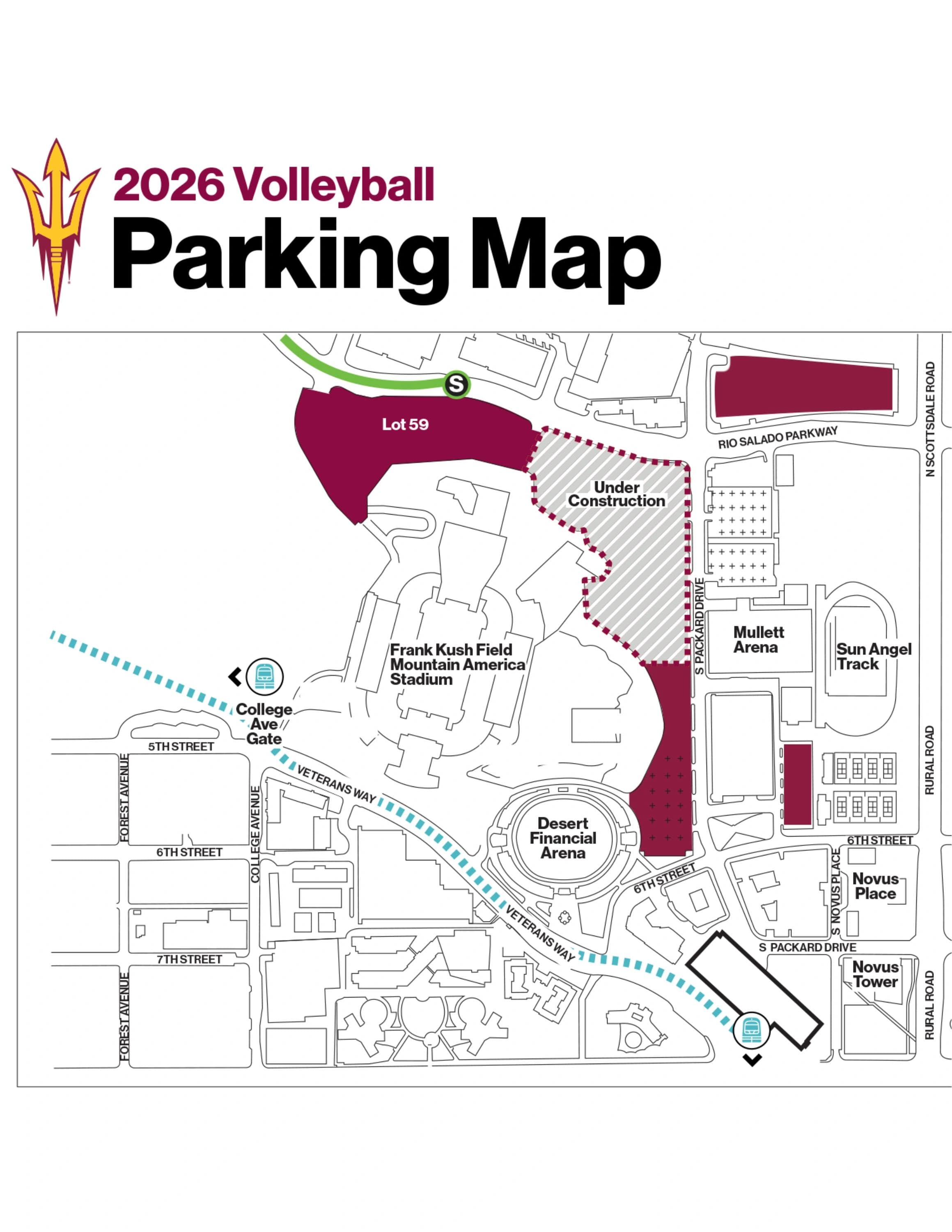 Desert Financial Arena: Venue layout, 2026 Desert Financial Arena volleyball parking and construction plan. Use the original map for routes and visitor facilities.