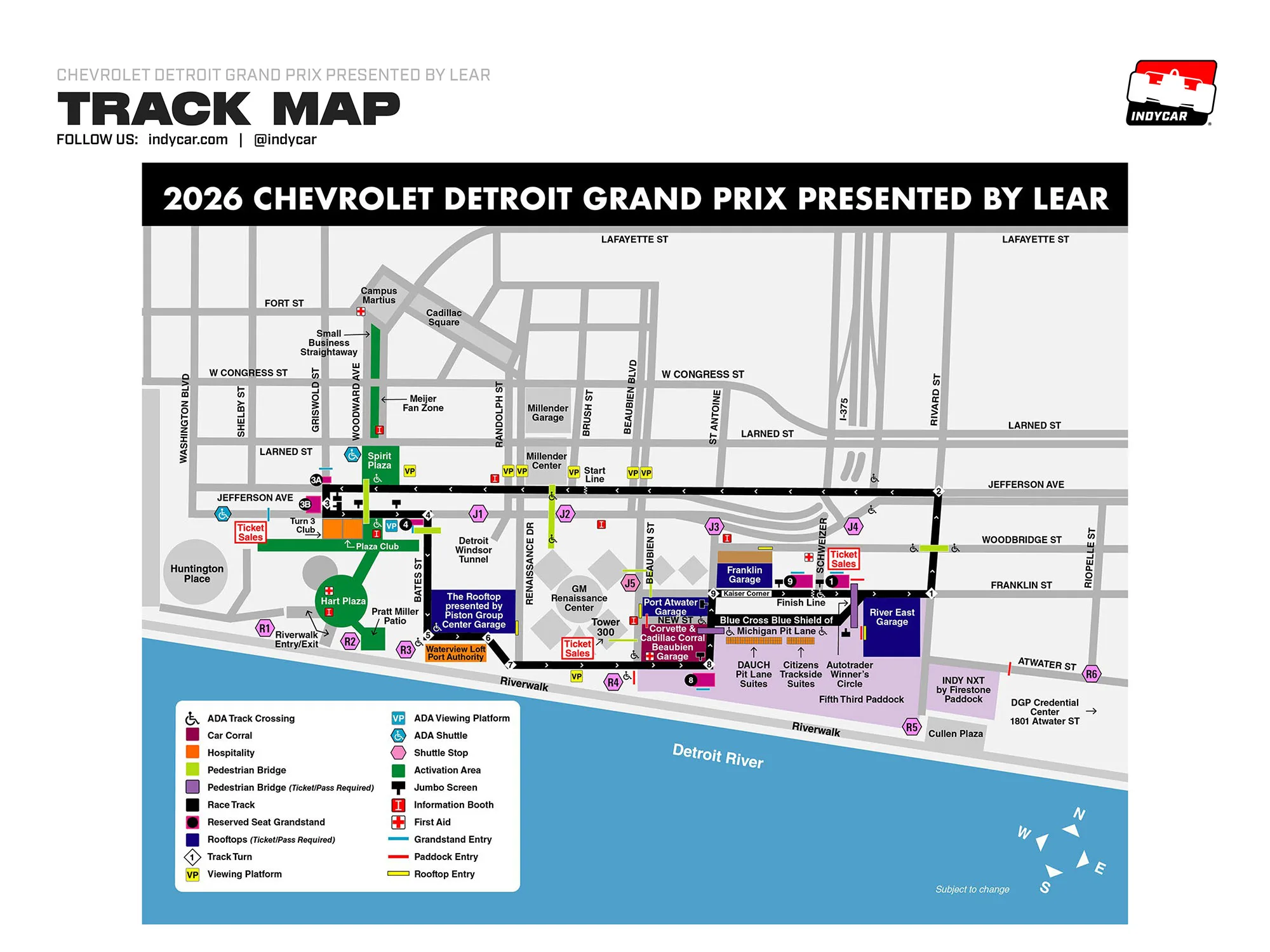 Detroit Street Circuit: Venue layout, 2026 Detroit Grand Prix track, grandstands and fan facilities. Use the original map for routes and visitor facilities.
