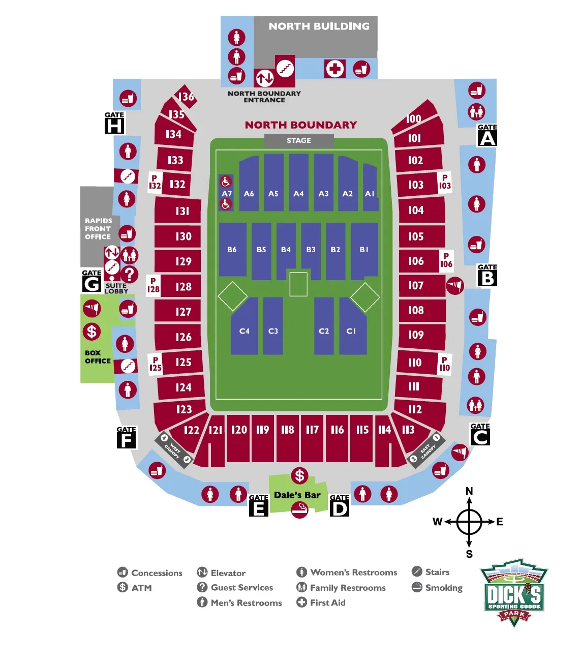 DICK'S Sporting Goods Park: Seating chart, DICK’S Sporting Goods Park — official end-stage concert seating example. Use the source chart for section and row details.