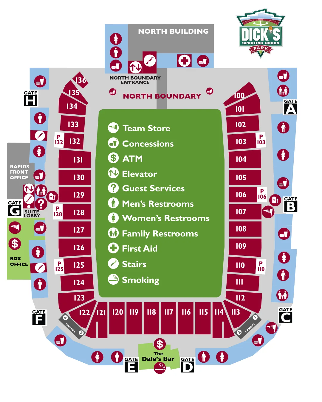 DICK'S Sporting Goods Park: Seating chart, DICK’S Sporting Goods Park — official stadium section and amenities plan. Use the source chart for section and row details.