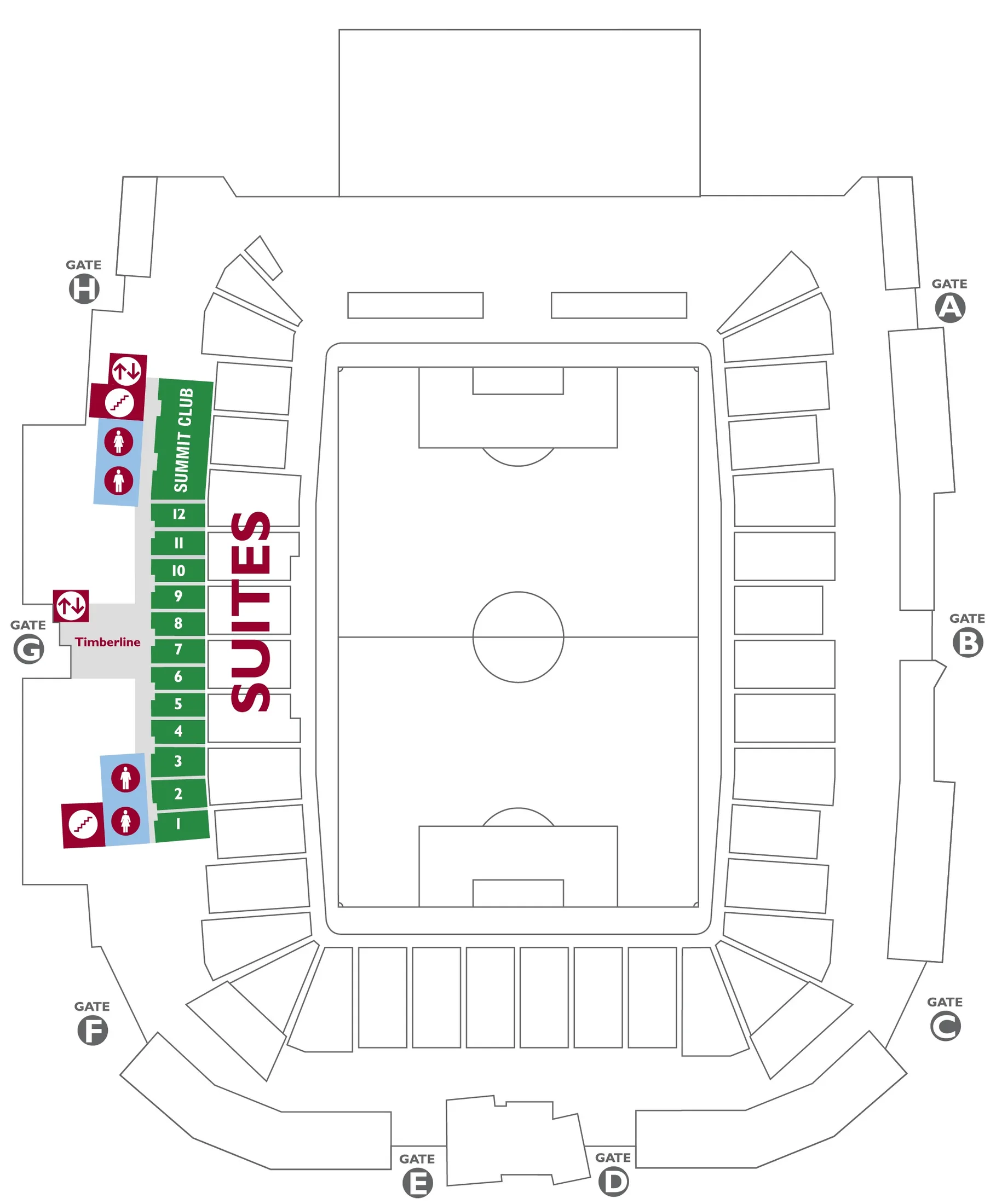 DICK'S Sporting Goods Park: Venue layout, DICK’S Sporting Goods Park — official second-floor suite and amenities plan. Use the original map for routes and visitor facilities.