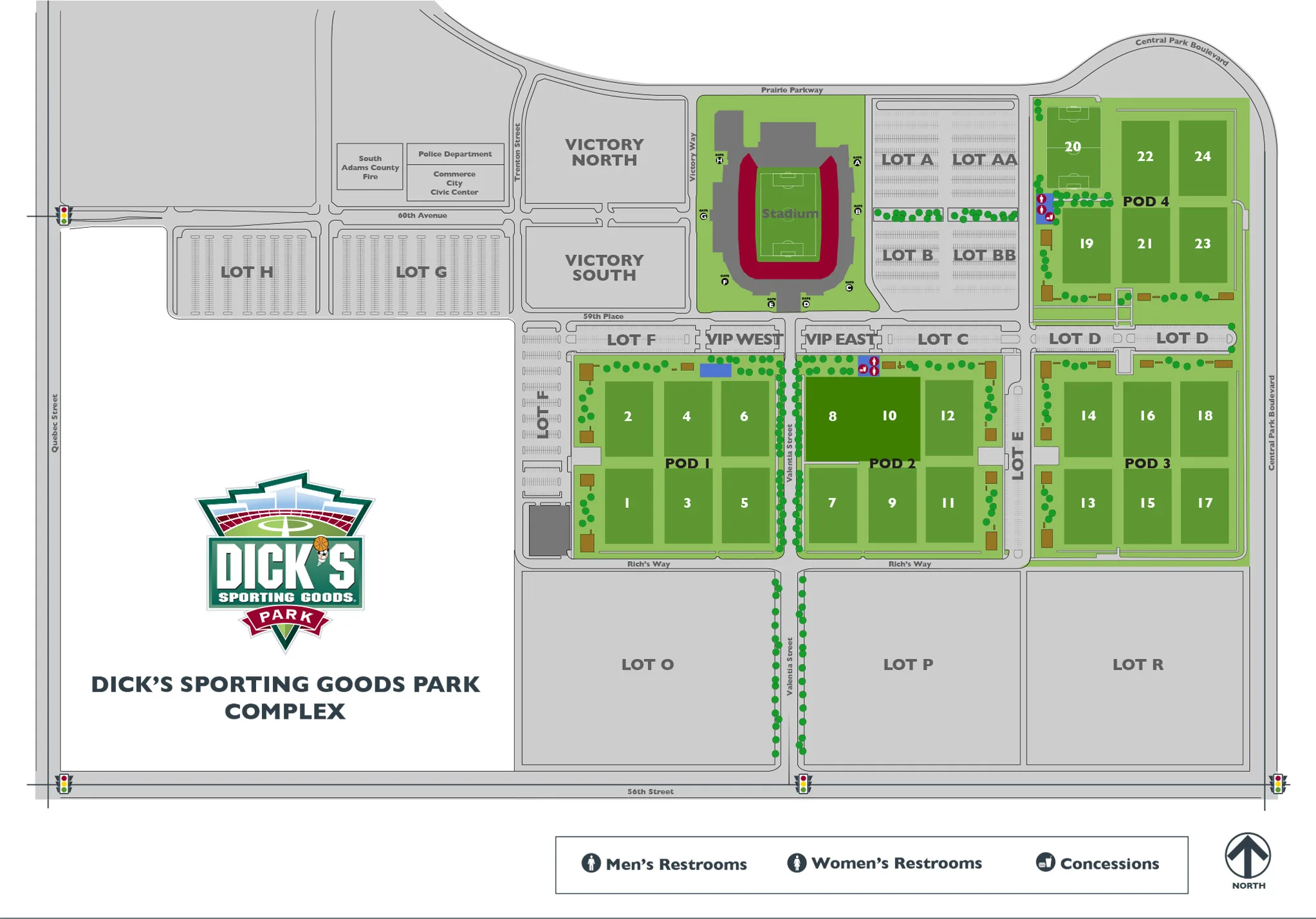 DICK'S Sporting Goods Park: Venue layout, DICK’S Sporting Goods Park — current-linked updated 2022 full complex and lot plan. Use the original map for routes and visitor facilities.