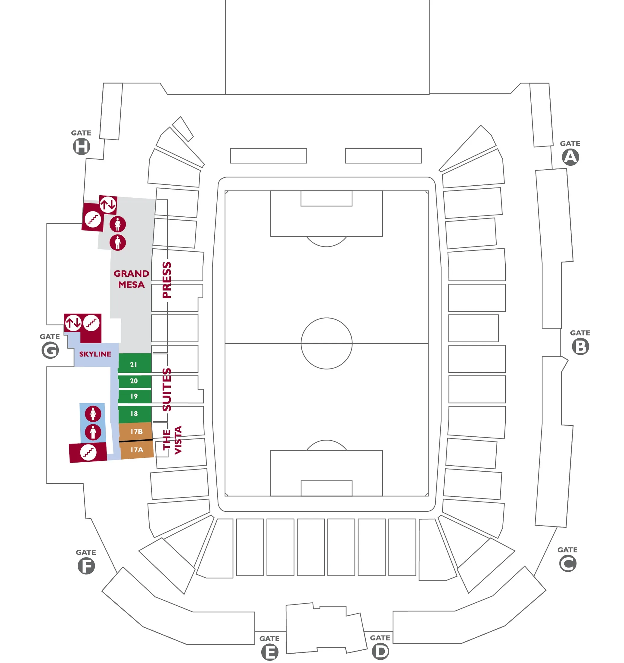DICK'S Sporting Goods Park: Venue layout, DICK’S Sporting Goods Park — official upper-suite and press-level plan. Use the original map for routes and visitor facilities.
