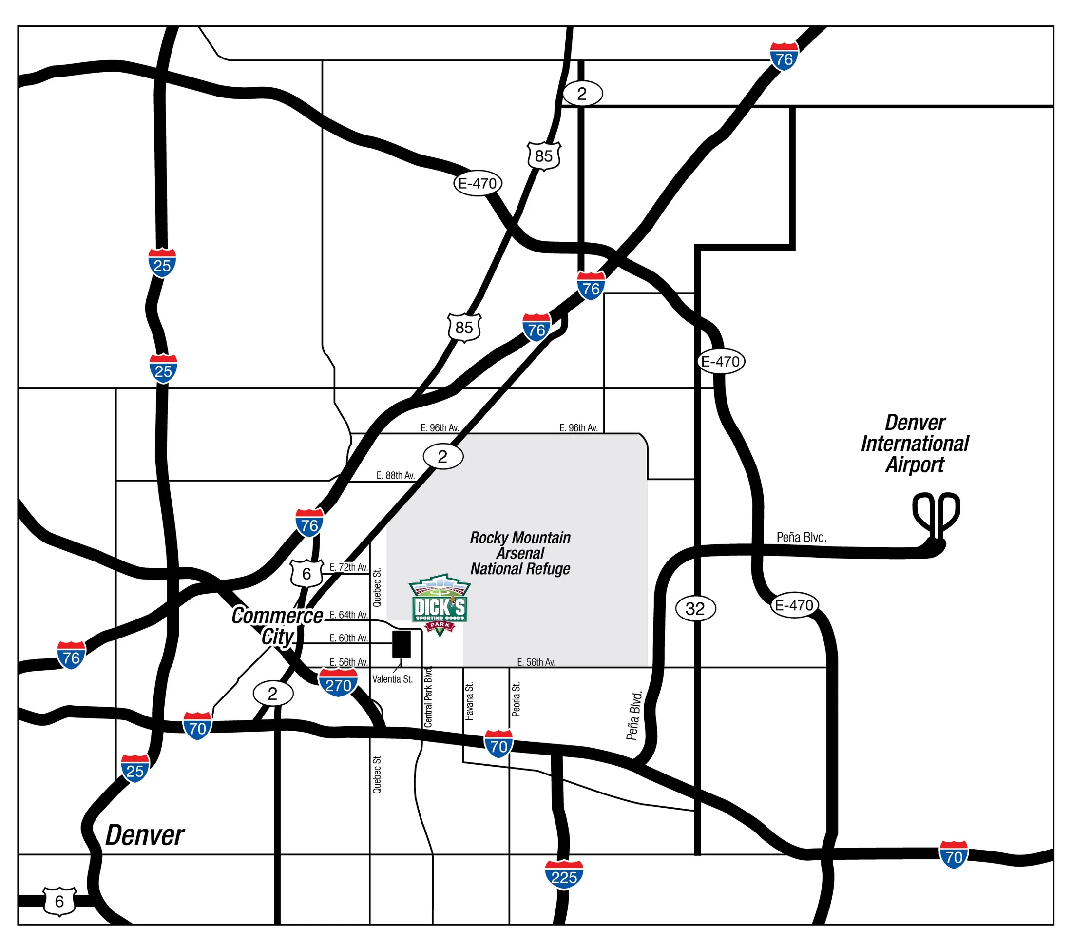 DICK'S Sporting Goods Park: Venue layout, DICK’S Sporting Goods Park — current-linked regional road and approach diagram. Use the original map for routes and visitor facilities.