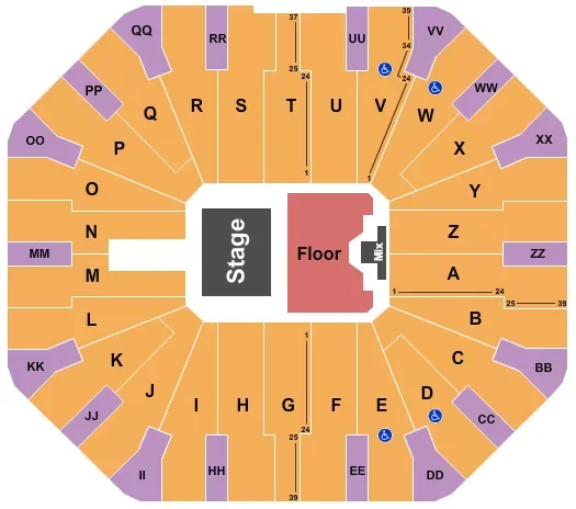 GECU Arena at the Don Haskins Center: Seating chart, Chayanne end-stage concert example. Use the source chart for section and row details.