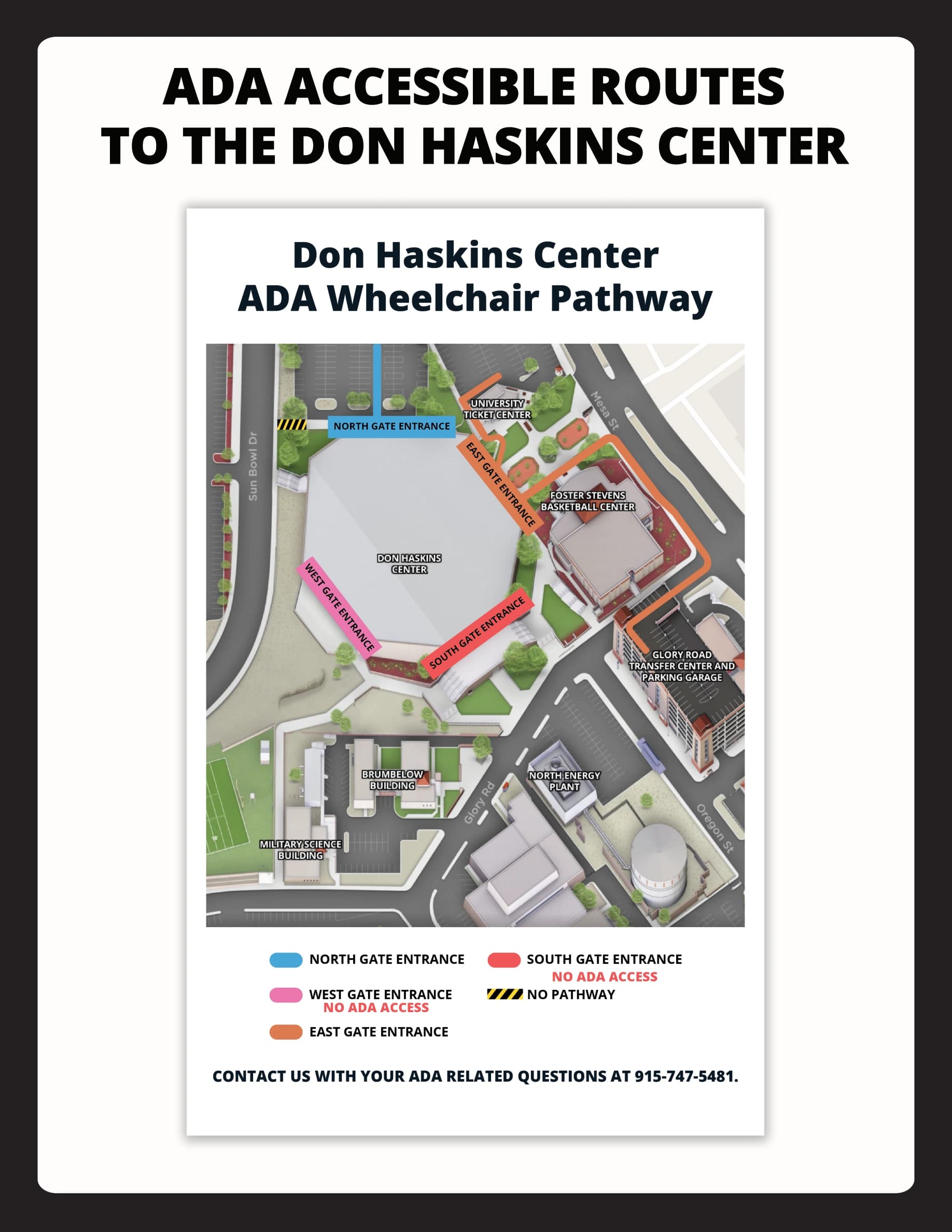 GECU Arena at the Don Haskins Center: Venue layout, Accessible approach routes; official ADA guide. Use the original map for routes and visitor facilities.