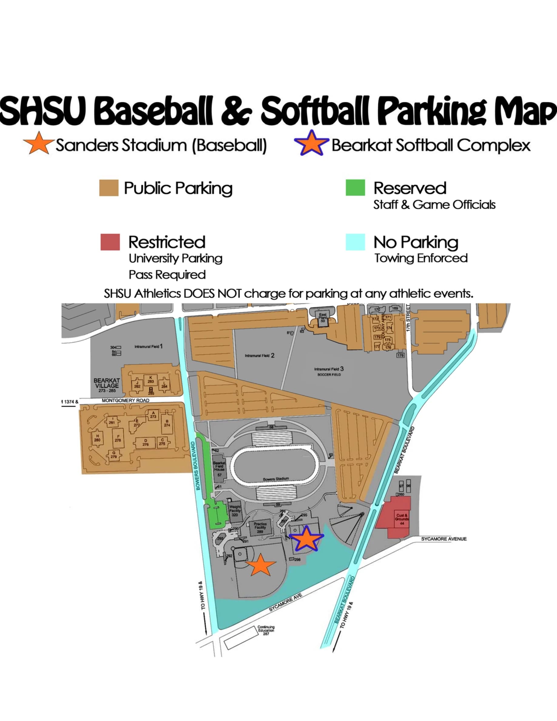 Don Sanders Stadium: Venue layout, Don Sanders Stadium — official-linked baseball and softball parking plan. Use the original map for routes and visitor facilities.
