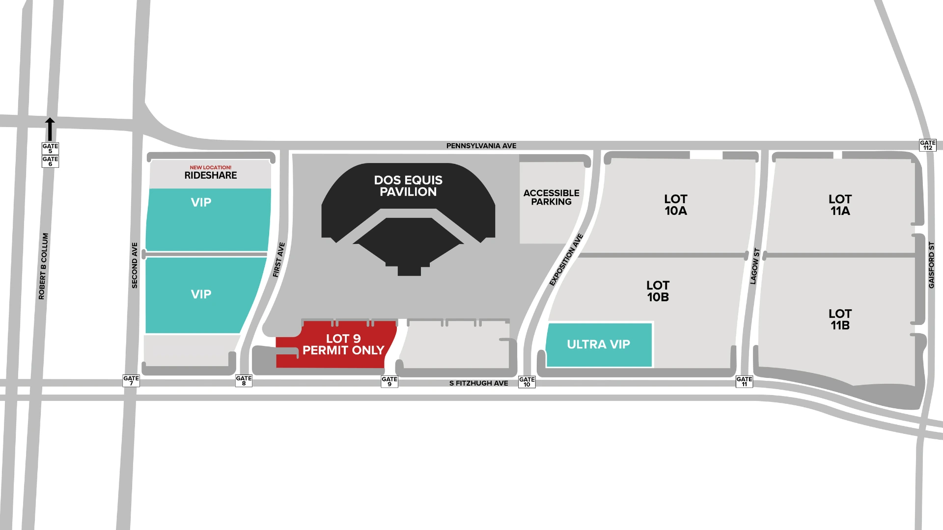 Dos Equis Pavilion: Venue layout, Dos Equis Pavilion — Fair Park parking and rideshare. Use the original map for routes and visitor facilities.
