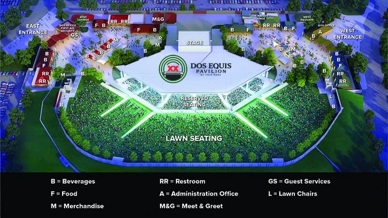 Dos Equis Pavilion: Venue layout, Dos Equis Pavilion — entrances, lawn and services. Use the original map for routes and visitor facilities.