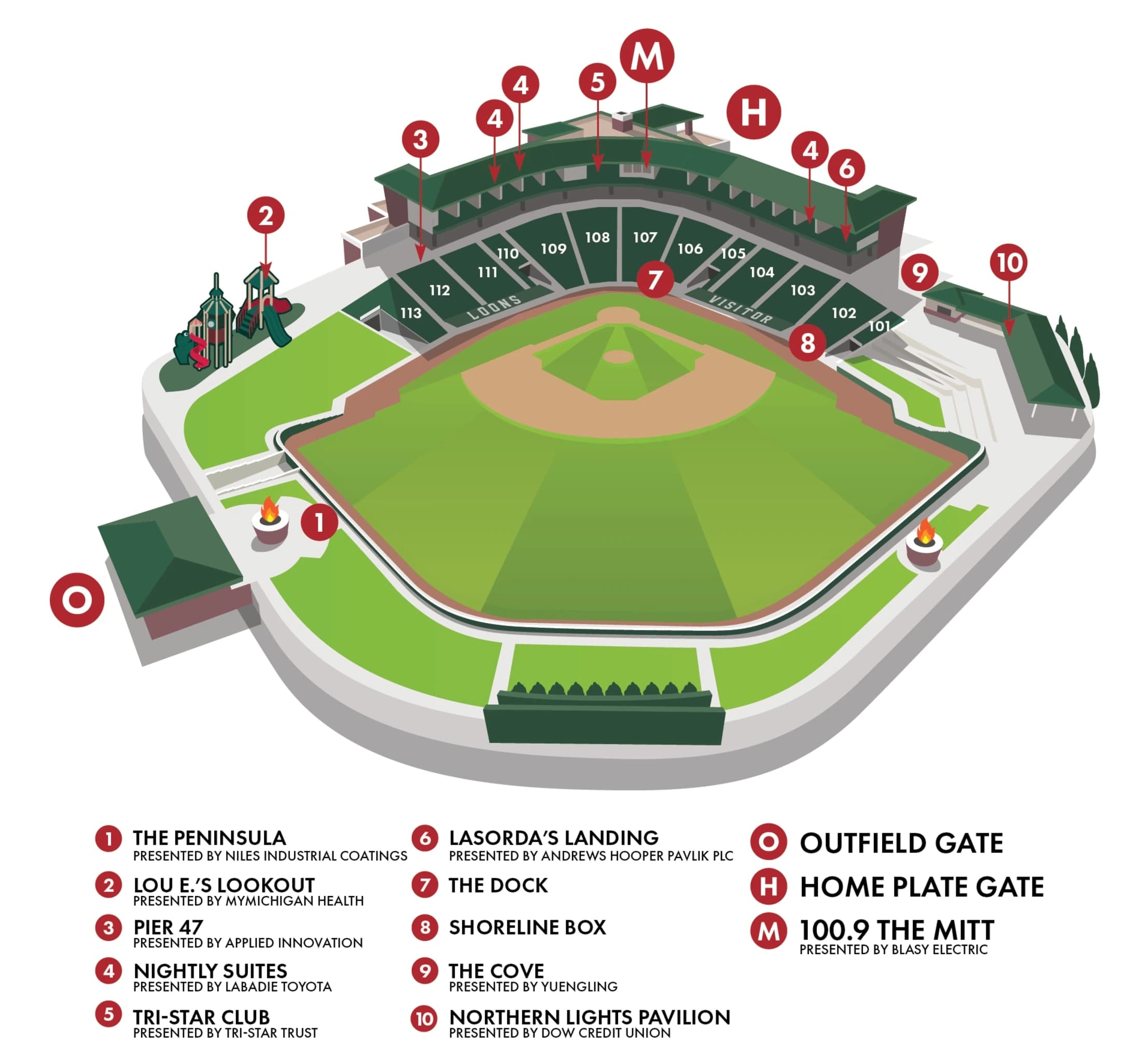 Dow Diamond: Seating chart, Baseball · Dow Diamond numbered sections, gates and hospitality areas. Use the source chart for section and row details.