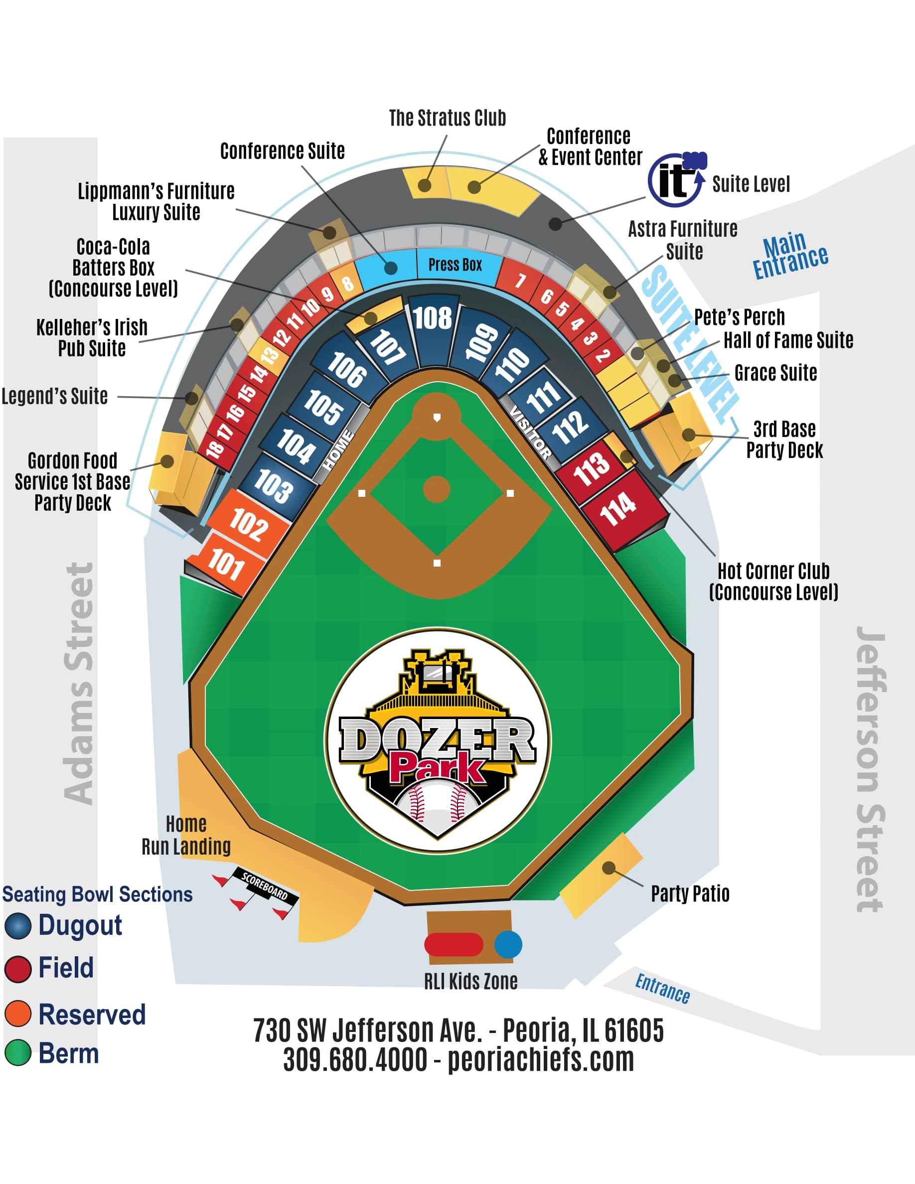 Dozer Park: Seating chart, Dozer Park — official-linked numbered seating diagram. Use the source chart for section and row details.