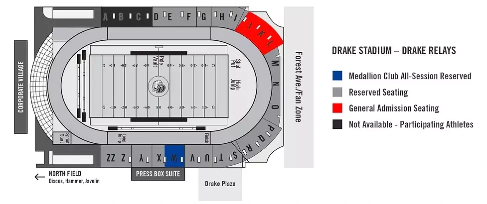 Drake Stadium: Seating chart, Drake — official current-linked Relays section reference; football is general admission. Use the source chart for section and row details.