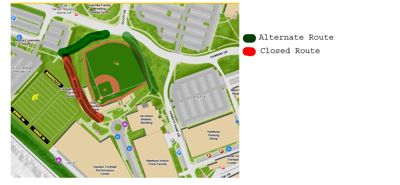 Duane Banks Field: Venue layout, Duane Banks Field — current press-box construction access plan. Use the original map for routes and visitor facilities.