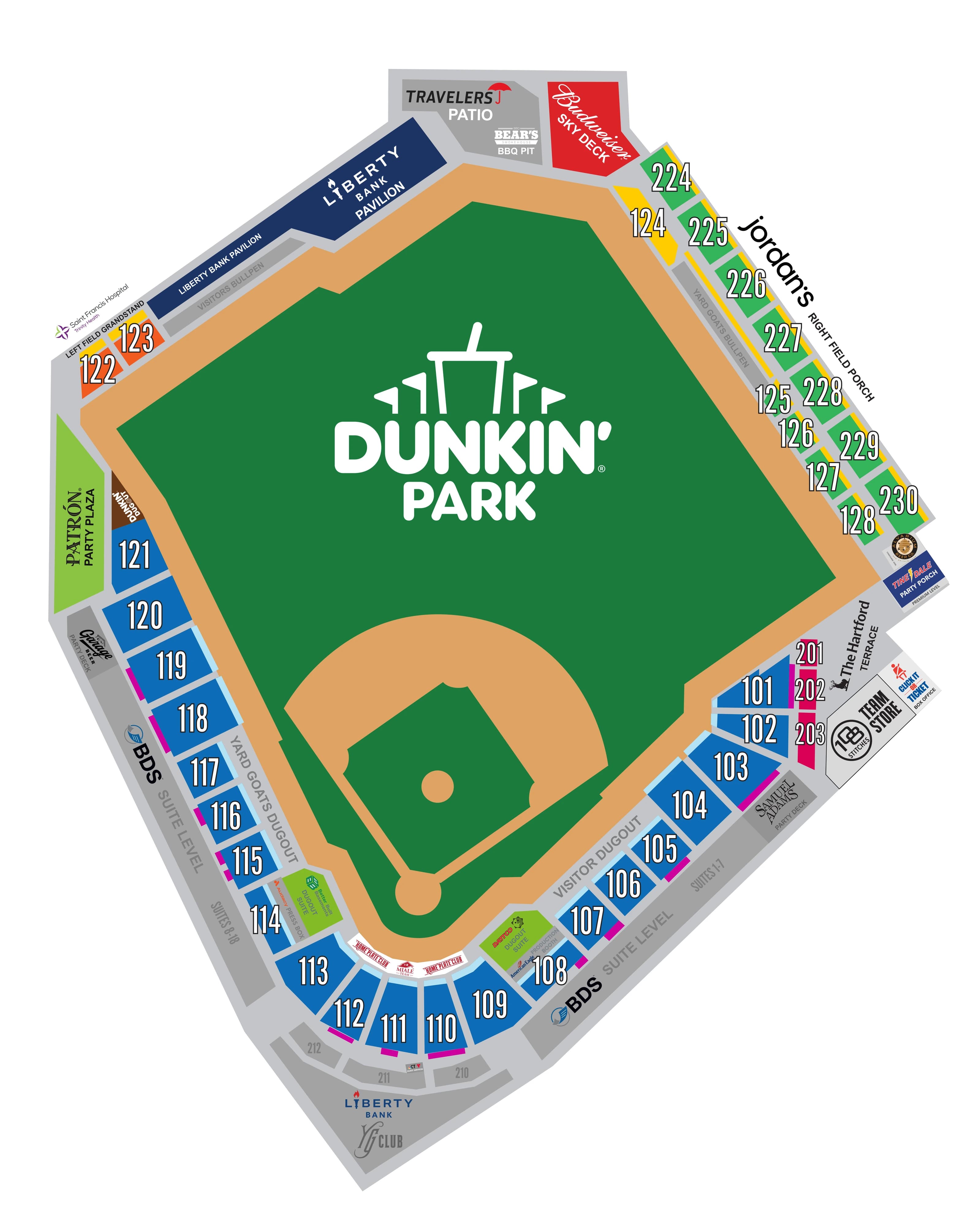 Dunkin' Park: Seating chart, Baseball. Use the source chart for section and row details.