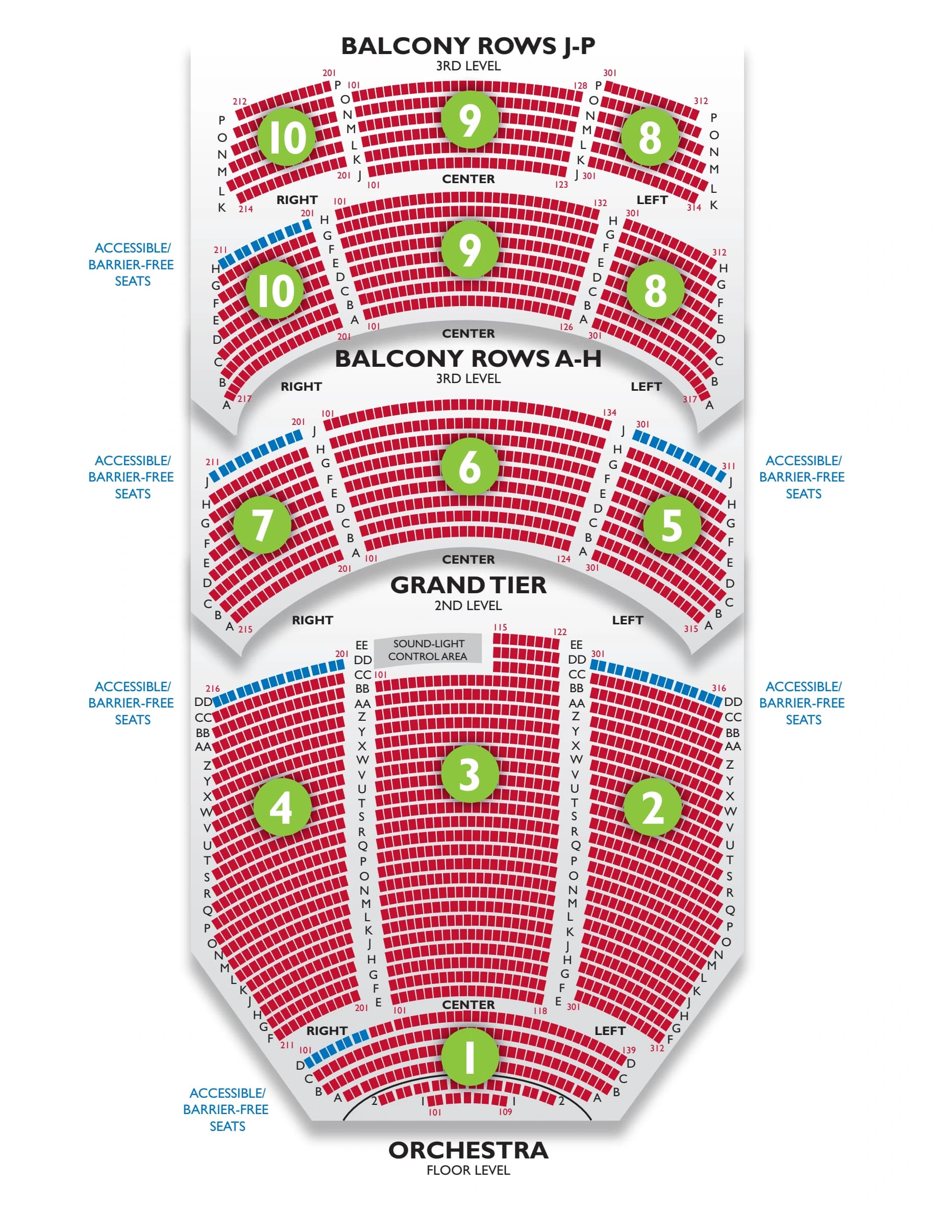 Durham Performing Arts Center: Seating chart, Theatre. Use the source chart for section and row details.