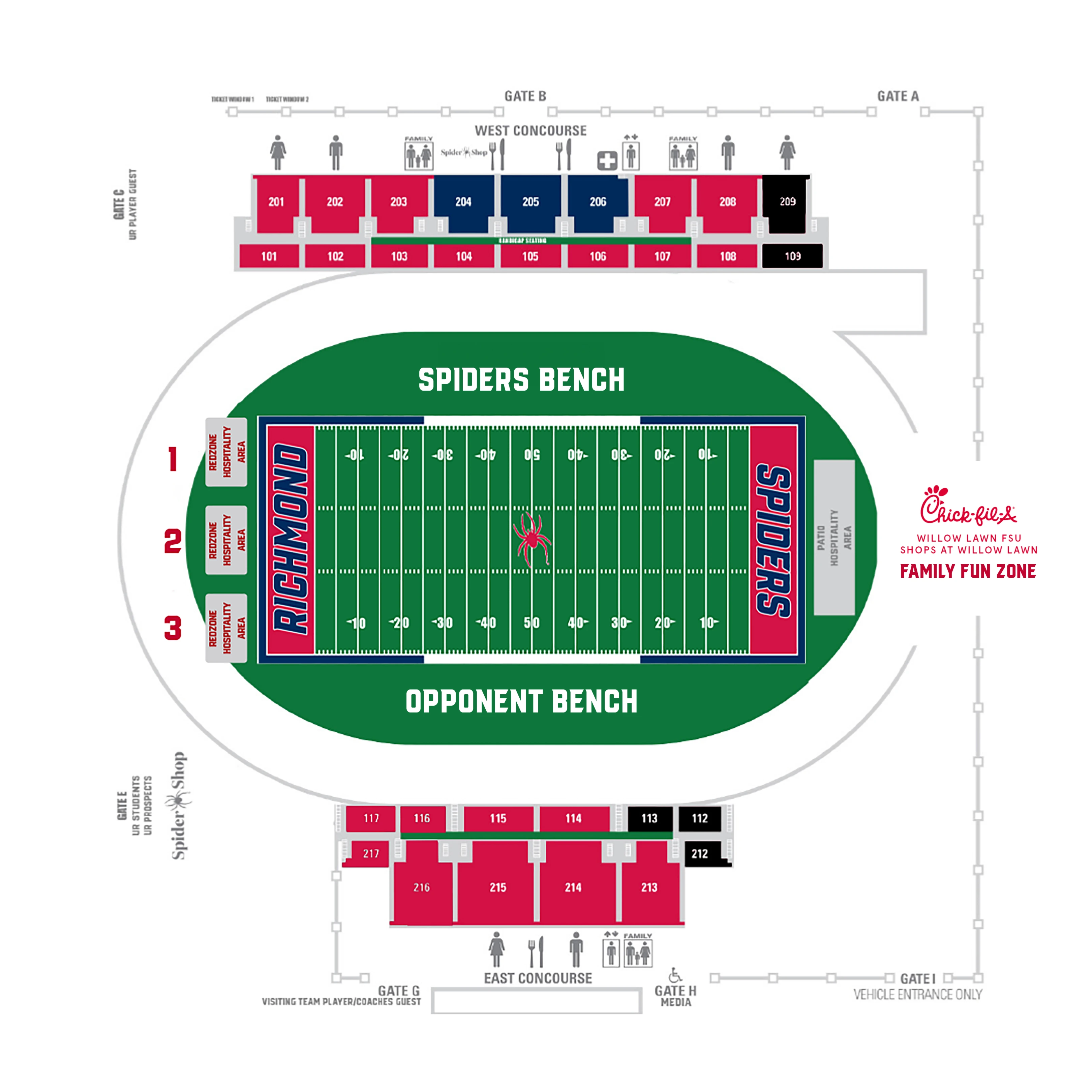 E. Claiborne Robins Stadium: Seating chart, Football seating · current game-day hub download. Use the source chart for section and row details.