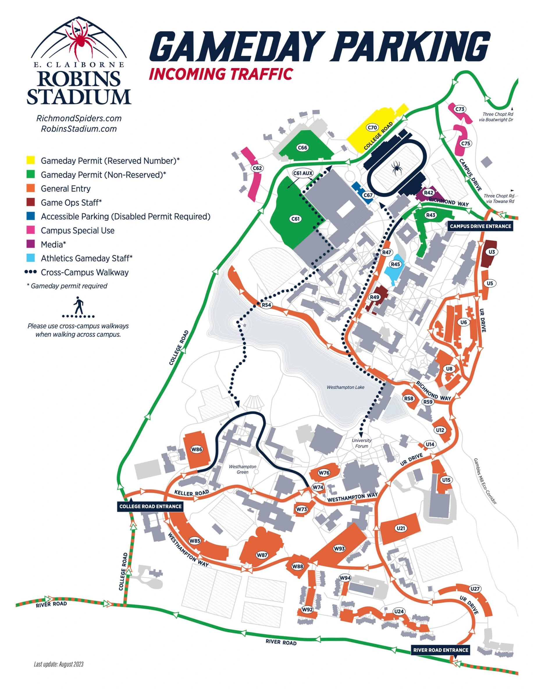E. Claiborne Robins Stadium: Venue layout, Football parking and exits · linked 2024 map. Use the original map for routes and visitor facilities.