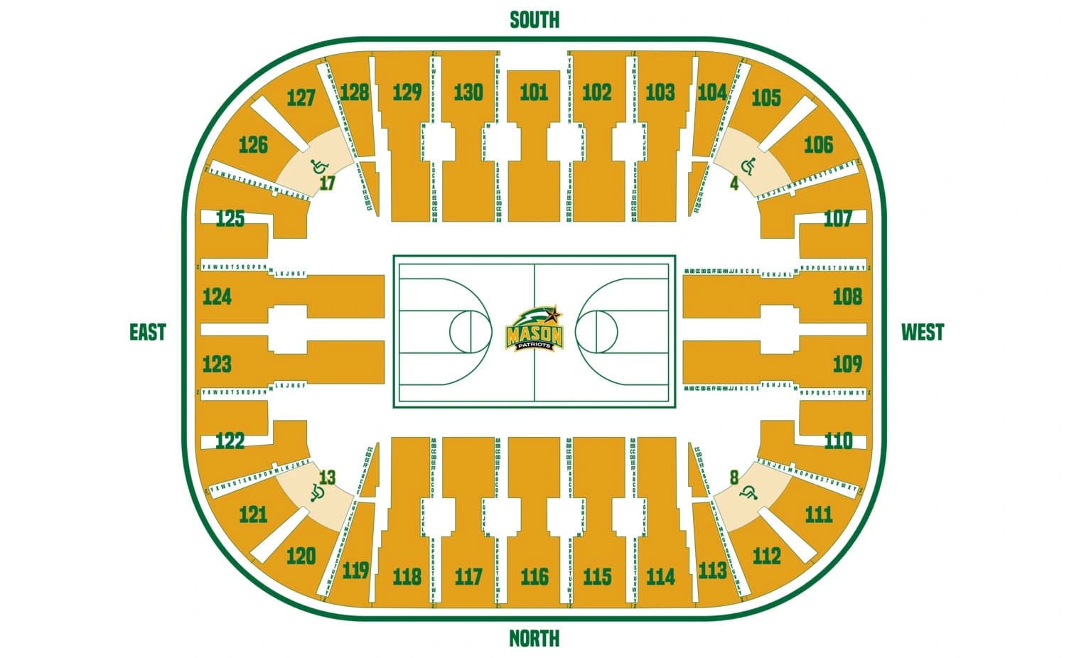 EagleBank Arena: Seating chart, Basketball configuration. Use the source chart for section and row details.