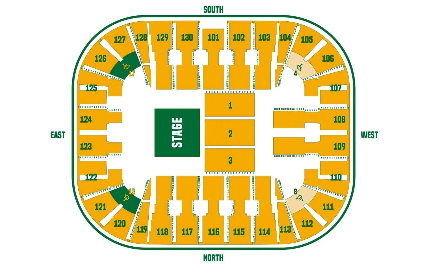EagleBank Arena: Seating chart, Half-house concert configuration. Use the source chart for section and row details.