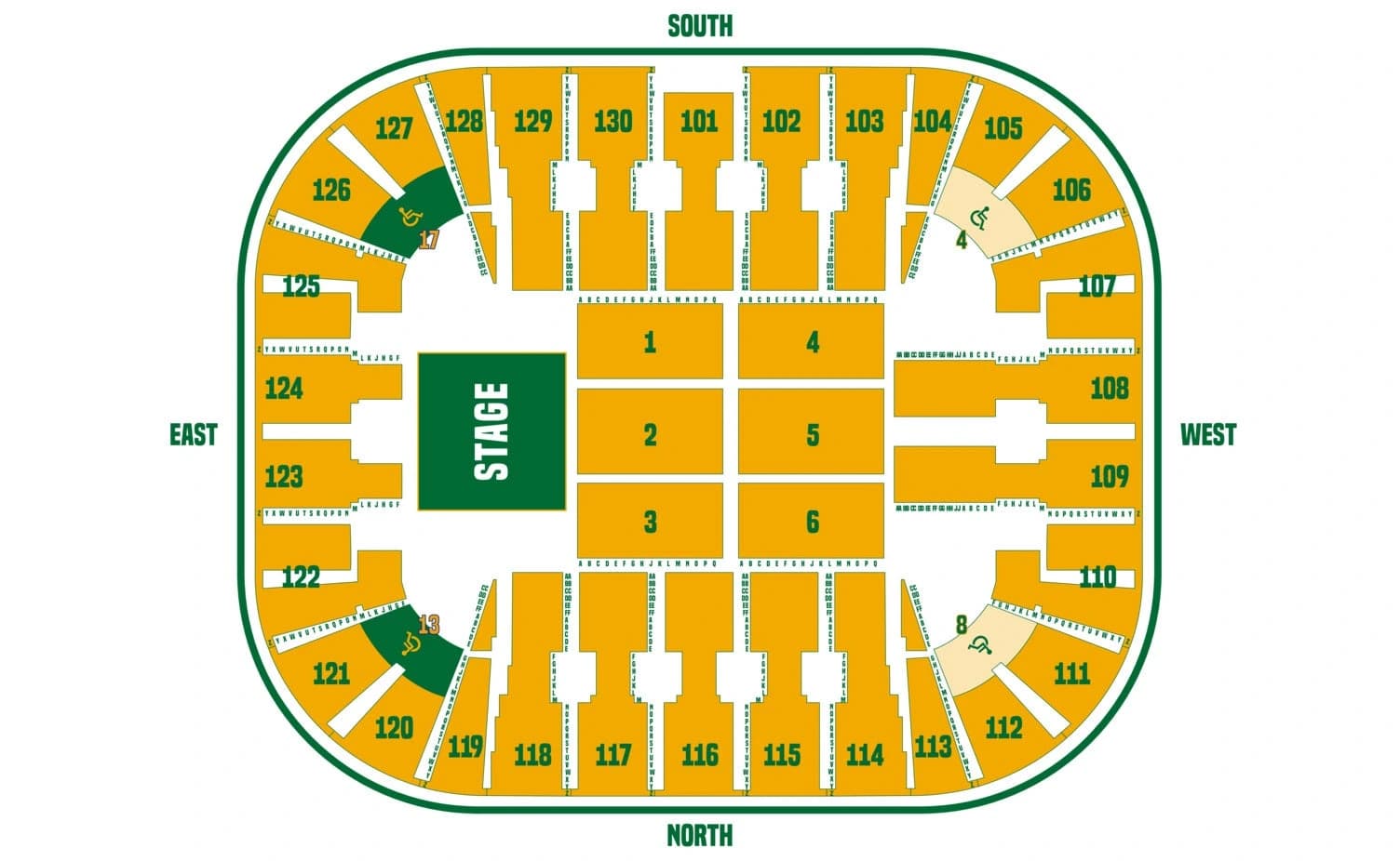 EagleBank Arena: Seating chart, End-stage concert configuration. Use the source chart for section and row details.