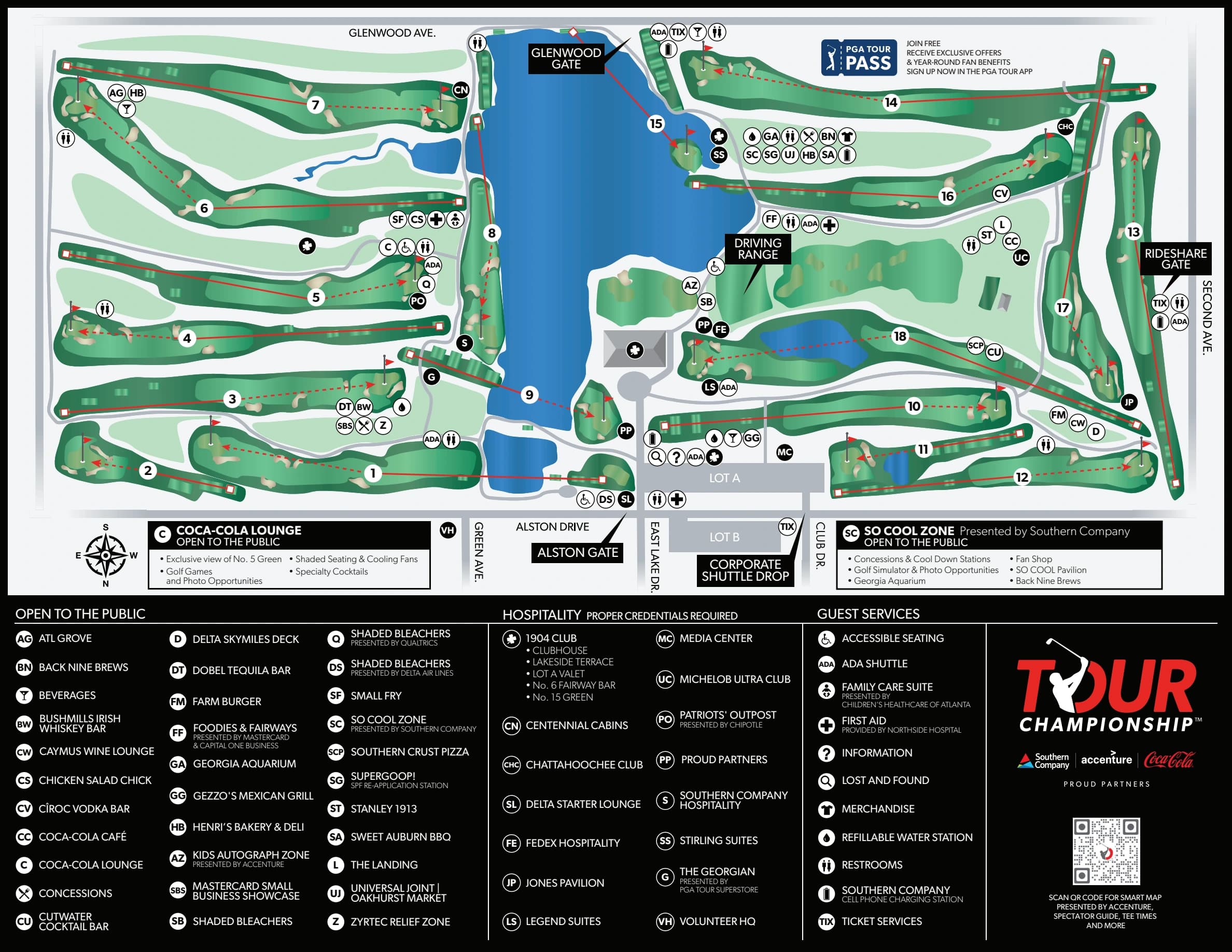 East Lake Golf Club: Venue layout, August 2026 TOUR Championship · East Lake course and spectator-gate plan. Use the original map for routes and visitor facilities.