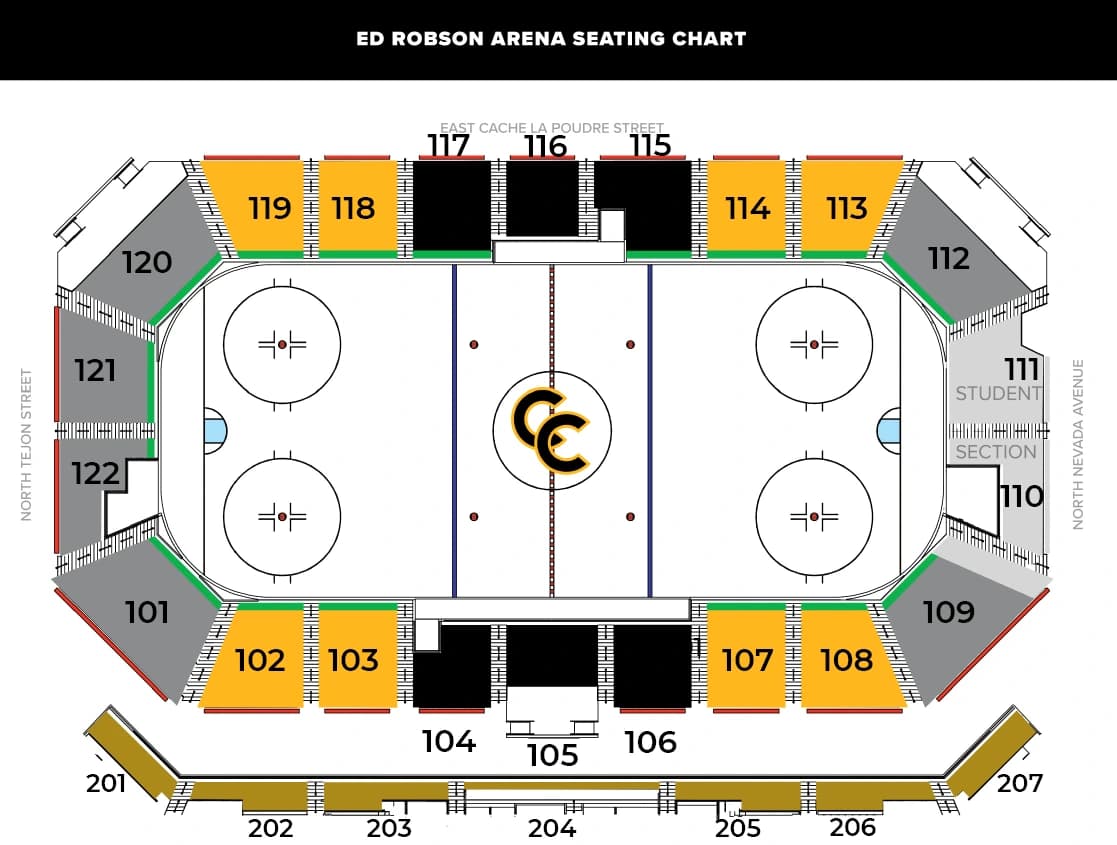 Ed Robson Arena: Seating chart, Ed Robson Arena — numbered hockey seating chart. Use the source chart for section and row details.