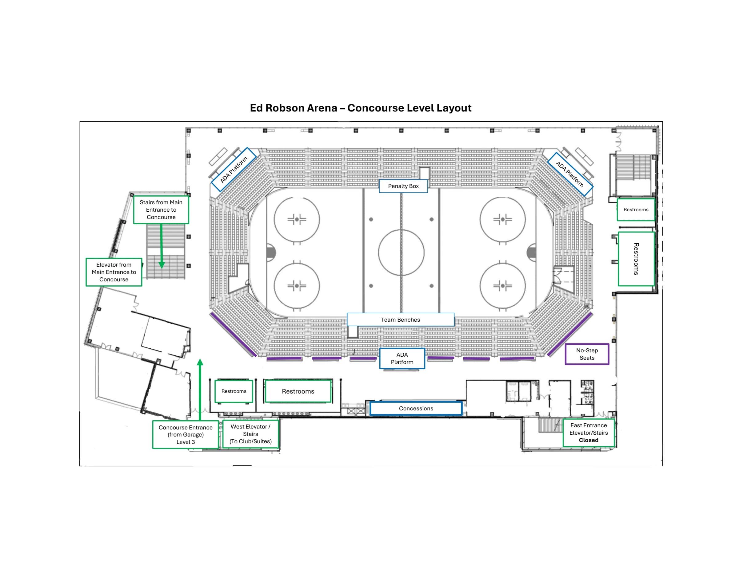 Ed Robson Arena: Venue layout, Ed Robson Arena — 2025 CHSAA concourse layout. Use the original map for routes and visitor facilities.