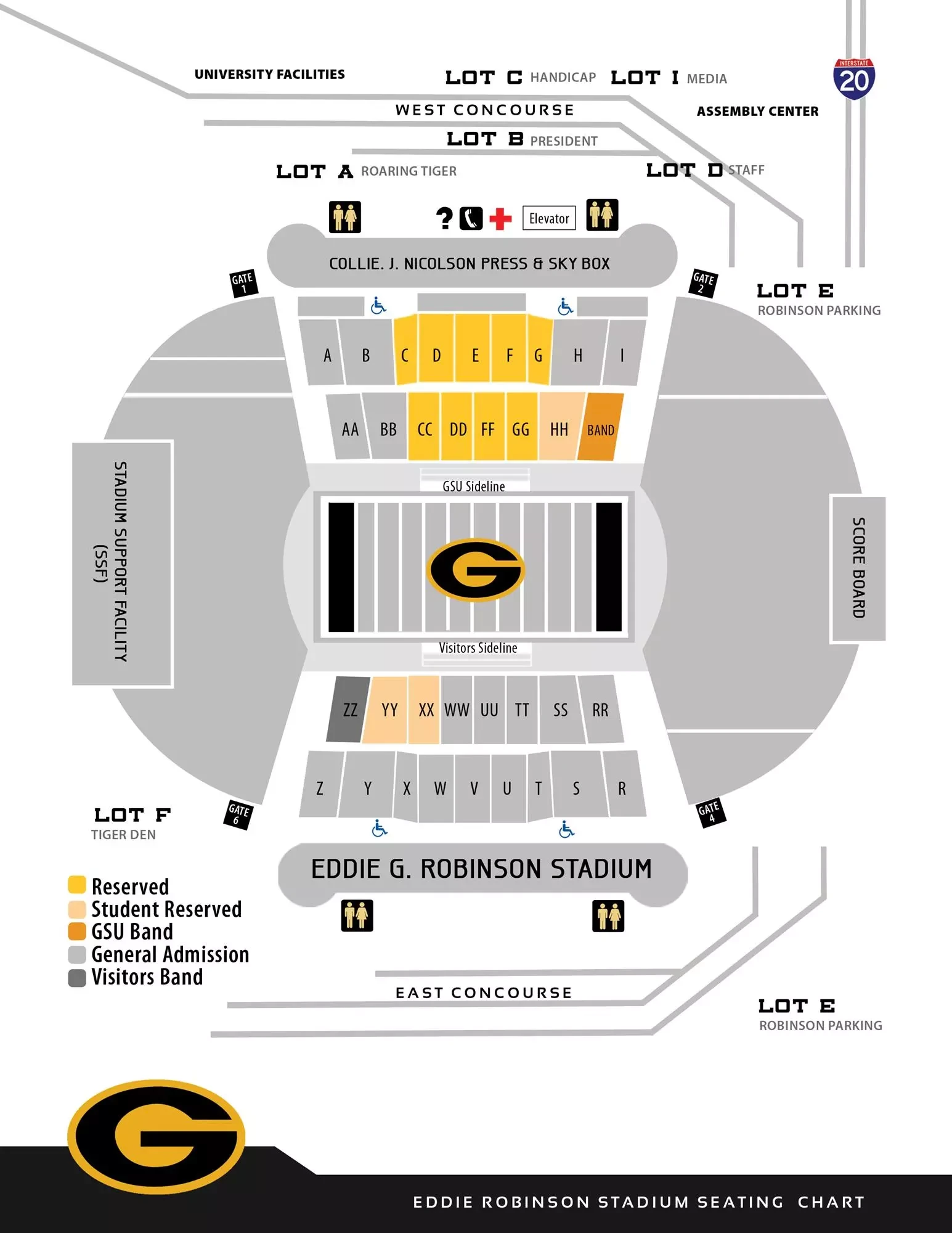 Eddie G. Robinson Memorial Stadium: Seating chart, Eddie G. Robinson Stadium — official linked section diagram. Use the source chart for section and row details.