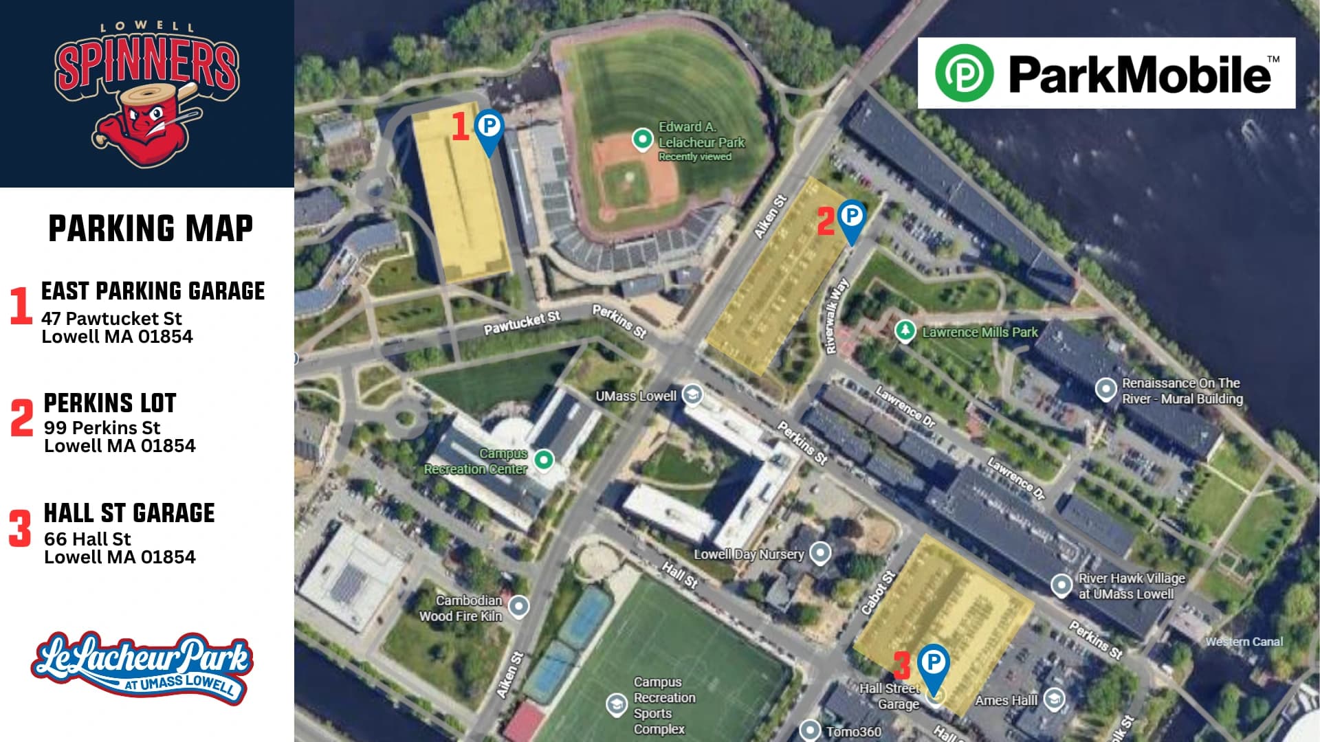 Edward A. LeLacheur Park: Venue layout, LeLacheur Park — current Spinners parking and arrival plan. Use the original map for routes and visitor facilities.
