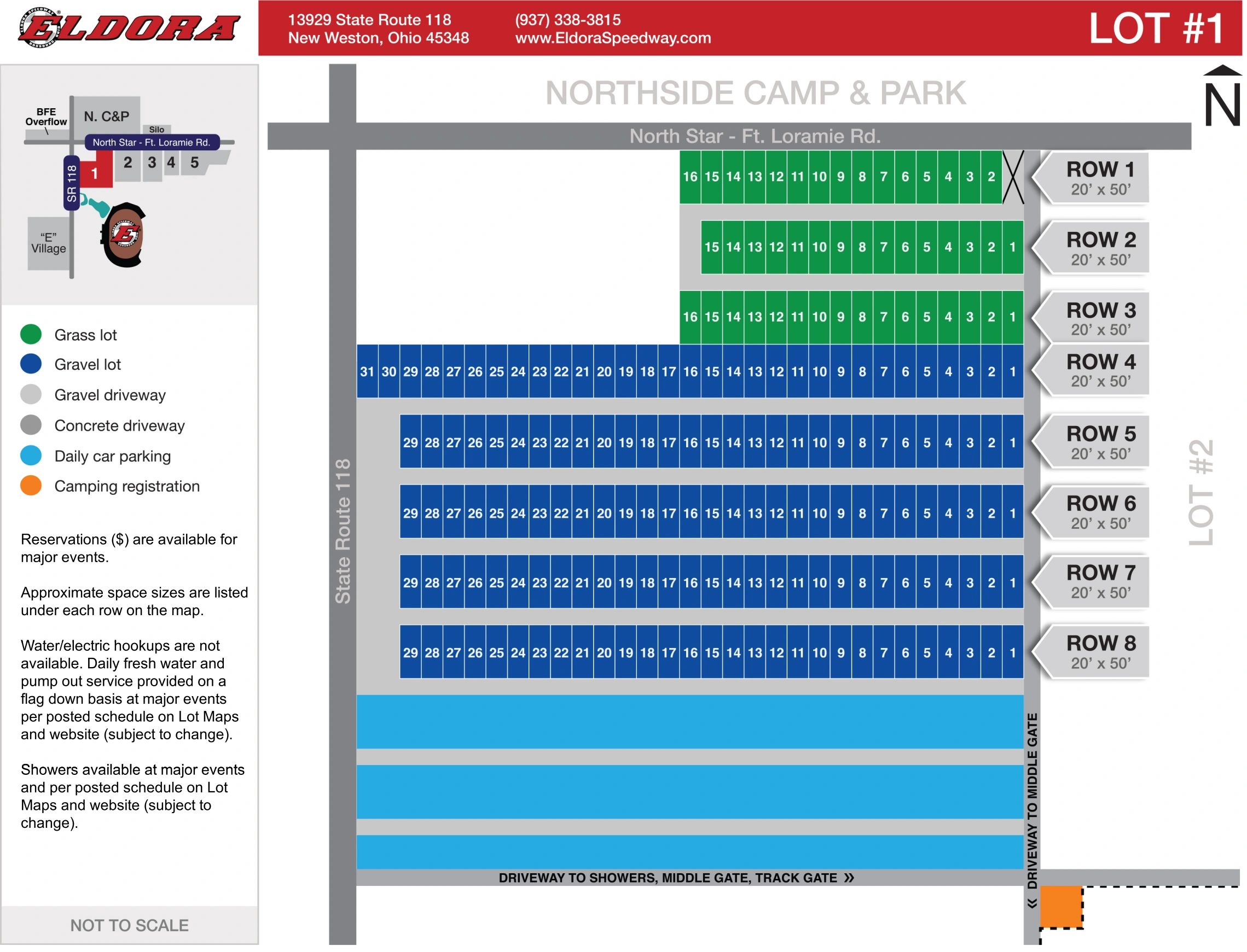 Eldora Speedway: Venue layout, Eldora · 2026 Lot 1 numbered campsites and surfaces. Use the original map for routes and visitor facilities.