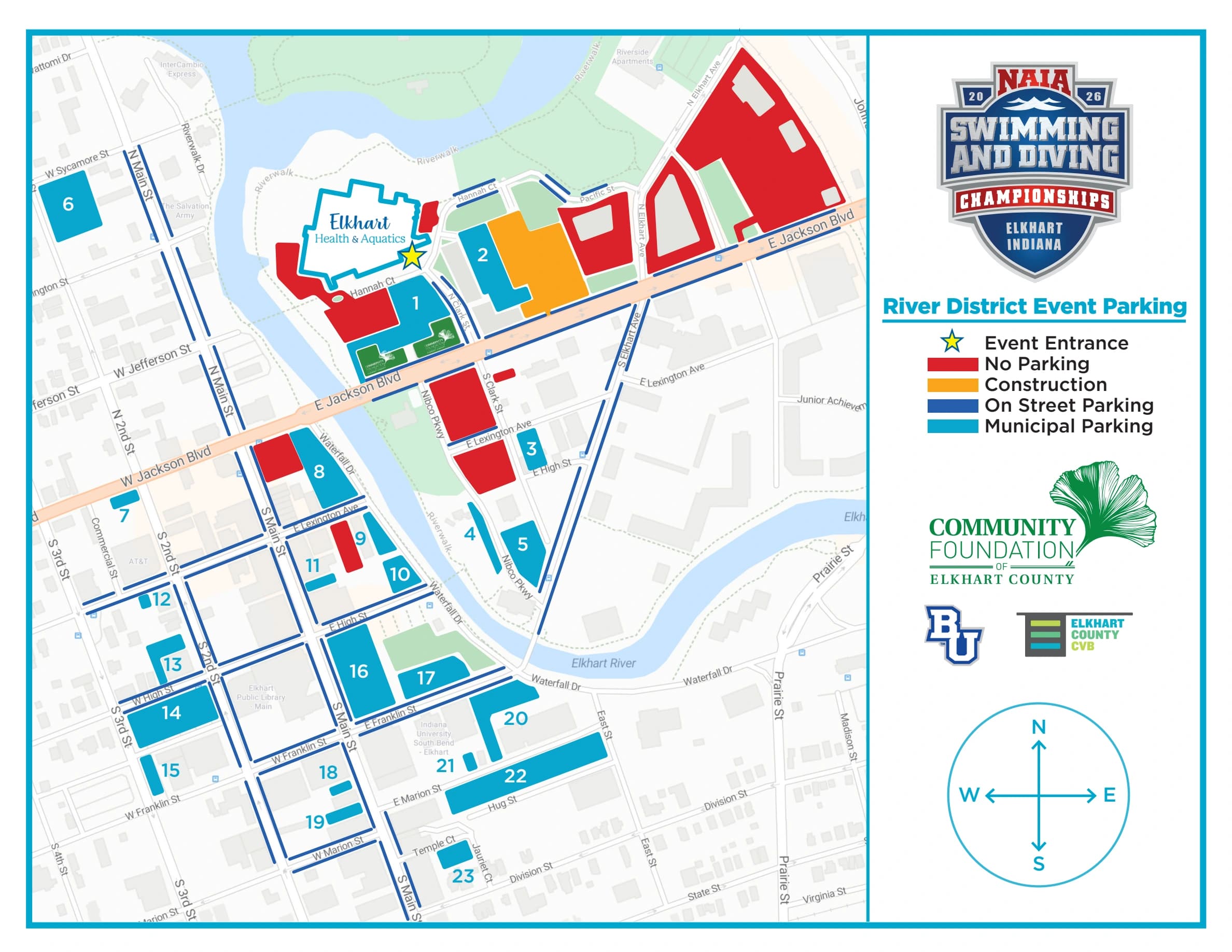 Elkhart Health & Aquatics: Venue layout, Elkhart Health & Aquatics · 2026 NAIA River District event parking reference. Use the original map for routes and visitor facilities.