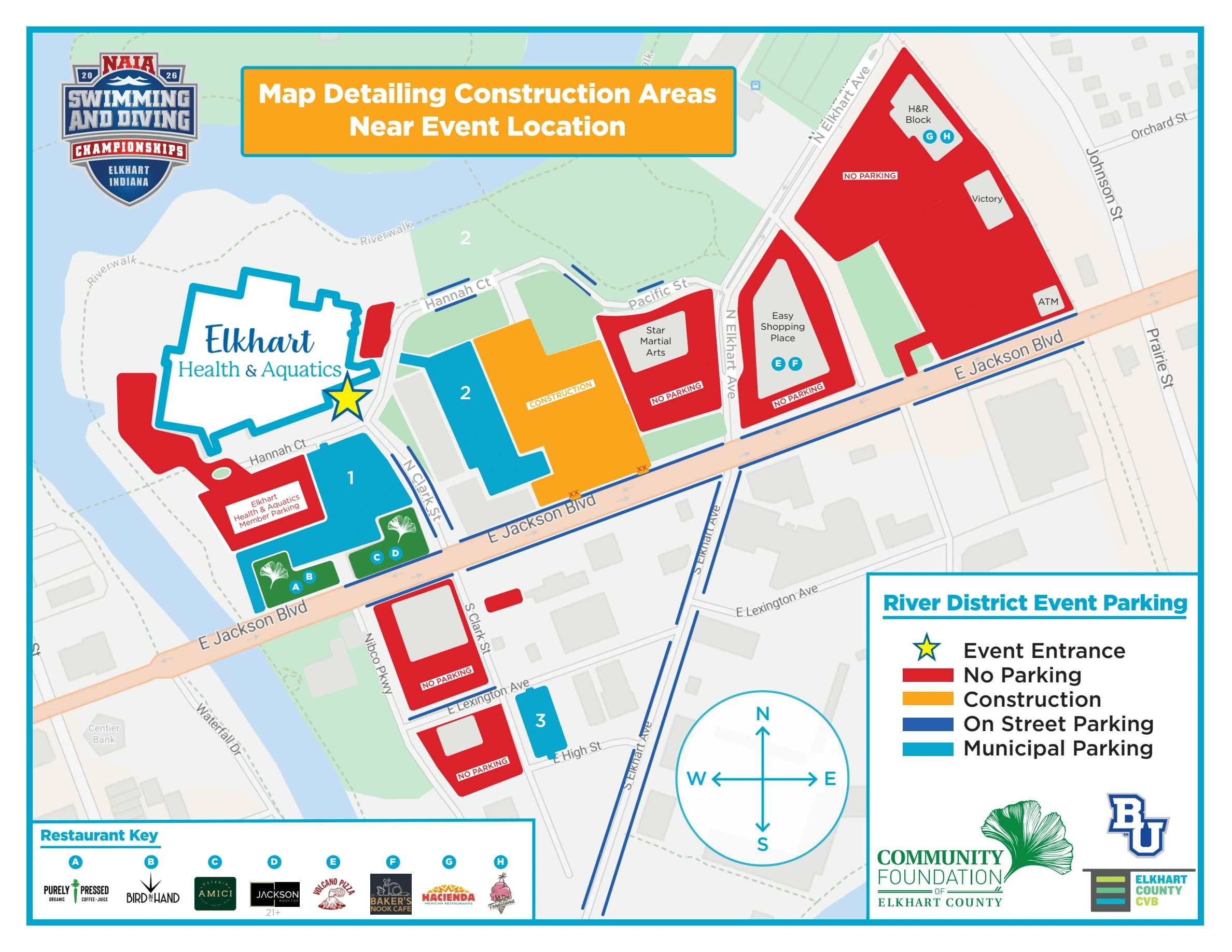 Elkhart Health & Aquatics: Venue layout, Elkhart Health & Aquatics · 2026 NAIA construction and restricted-parking detail. Use the original map for routes and visitor facilities.
