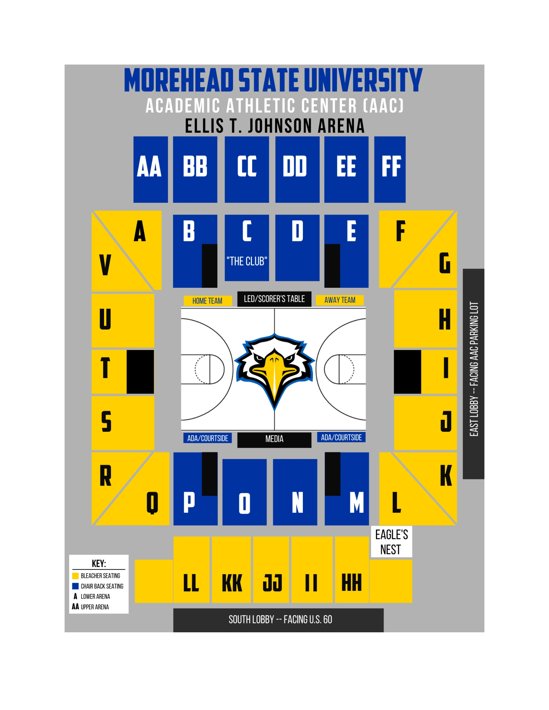 Ellis Johnson Arena: Seating chart, Ellis Johnson Arena — official basketball seating. Use the source chart for section and row details.