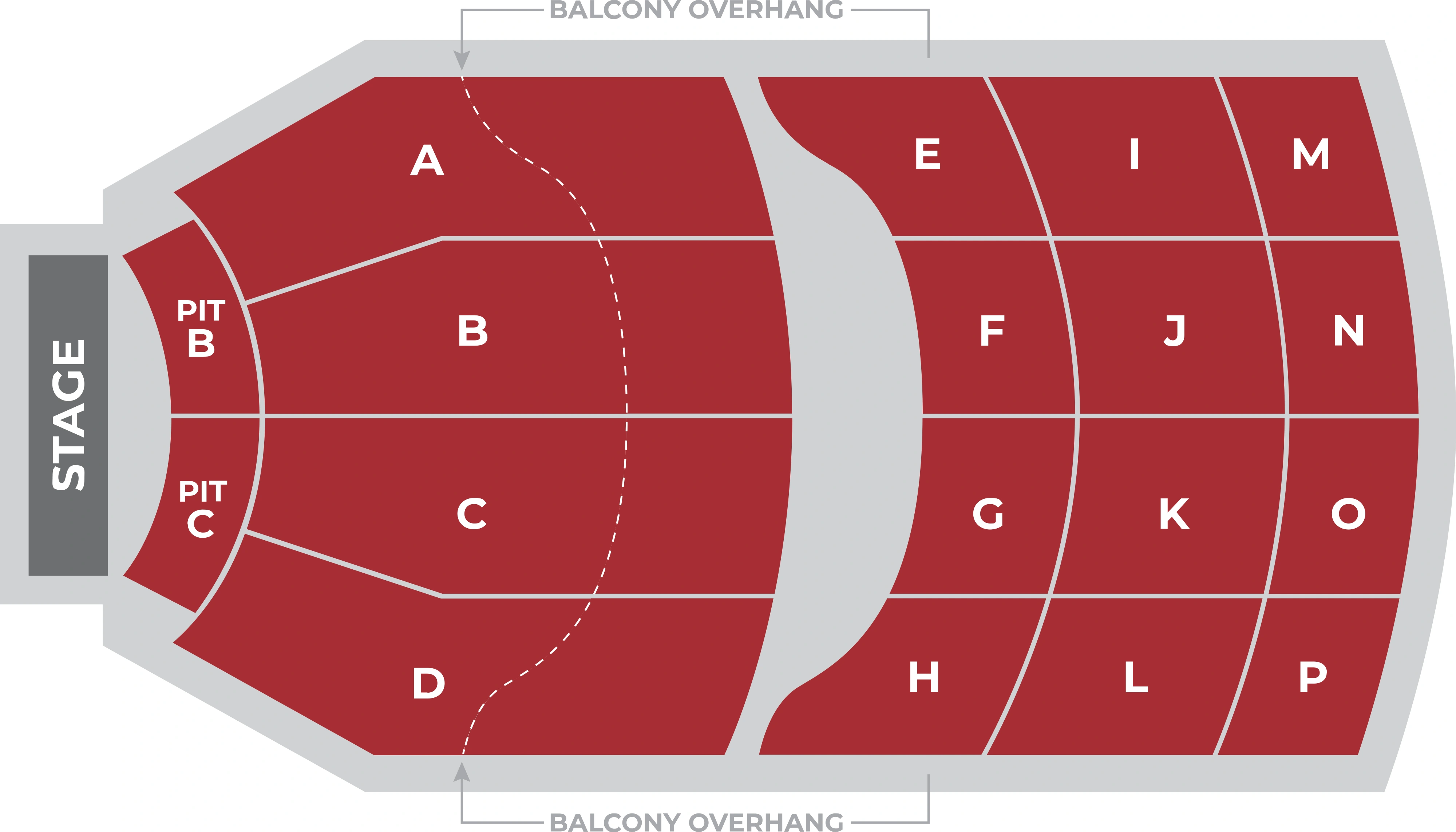 Embassy Theatre: Seating chart, Theatre · lettered sections and balcony-overhang boundary. Use the source chart for section and row details.