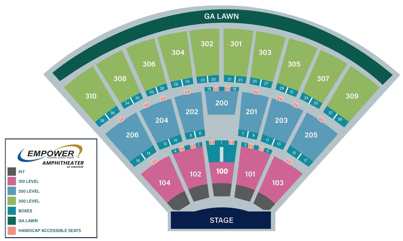 Empower Federal Credit Union Amphitheater at Lakeview: Seating chart, Empower Federal Credit Union Amphitheater at Lakeview — pavilion sections and lawn. Use the source chart for section and row details.