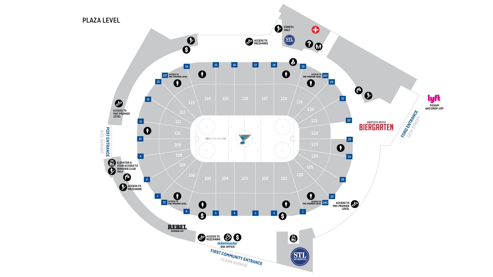 Enterprise Center: Venue layout, Enterprise Center — 2025 Plaza Level sections and amenities. Use the original map for routes and visitor facilities.