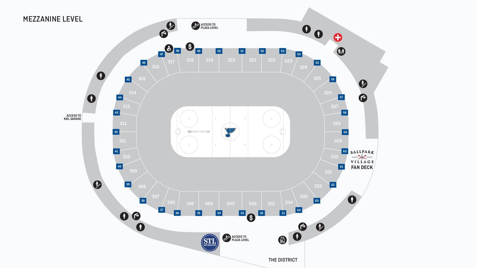 Enterprise Center: Venue layout, Enterprise Center — official Mezzanine Level orientation. Use the original map for routes and visitor facilities.