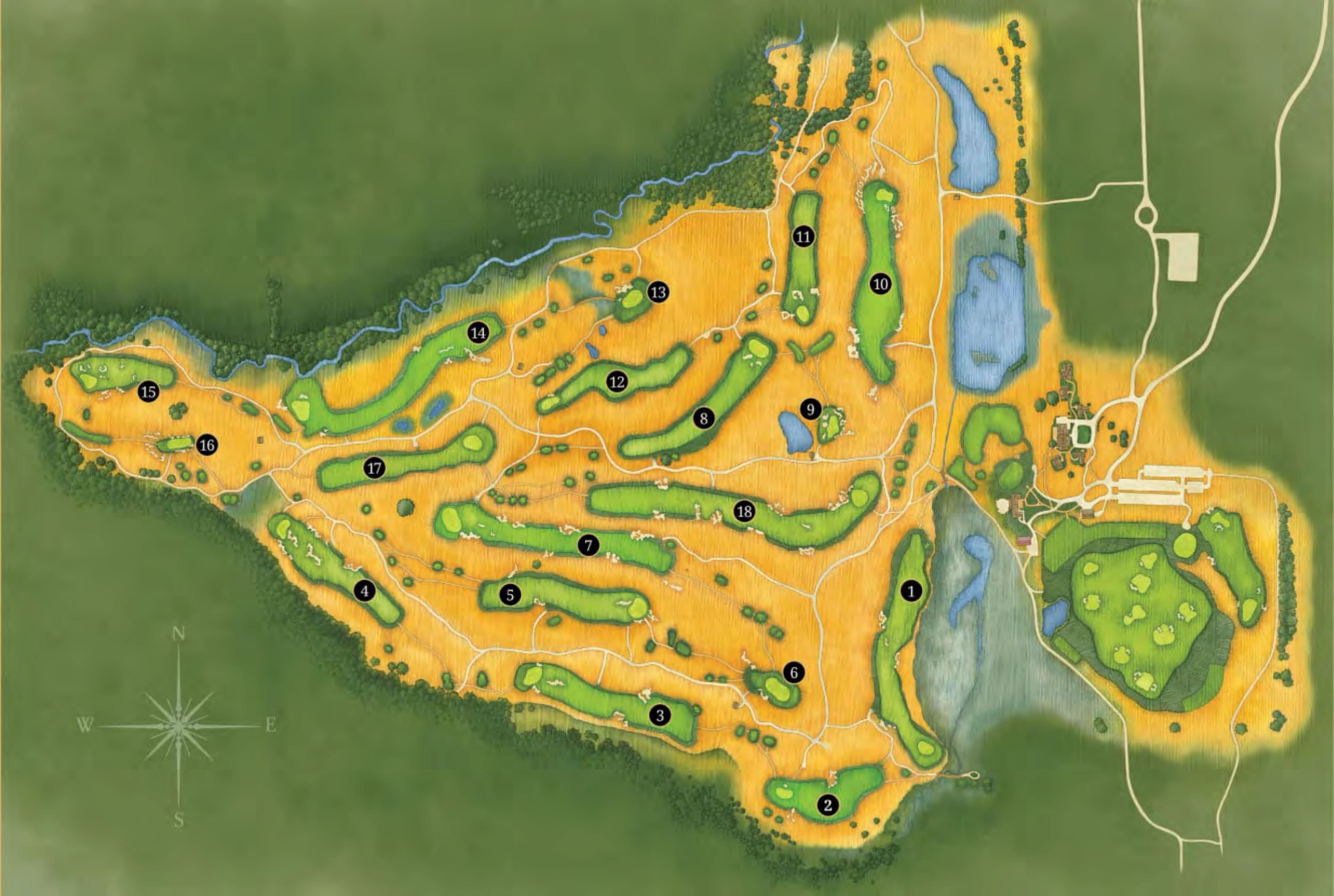 Erin Hills Golf Course: Venue layout, Erin Hills · 18-hole course orientation. Use the original map for routes and visitor facilities.