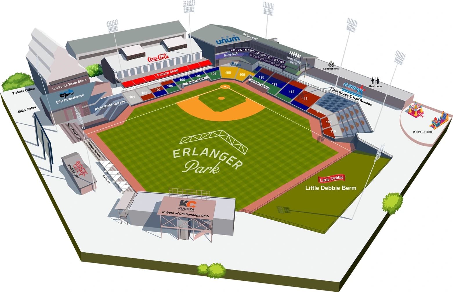 Erlanger Park: Seating chart, Erlanger Park — official-linked numbered seating illustration. Use the source chart for section and row details.