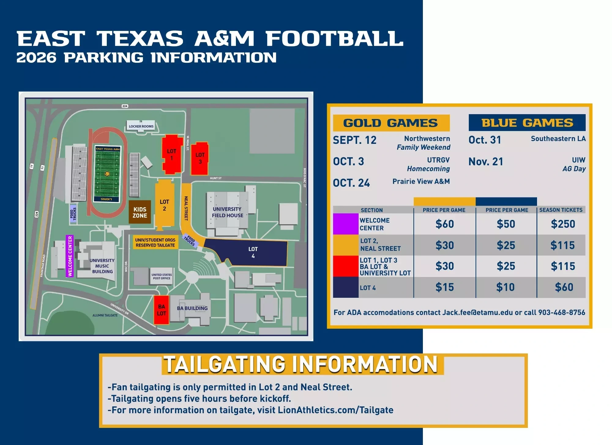Ernest Hawkins Field at Memorial Stadium: Venue layout, East Texas A&M — official 2026 football parking plan and game categories. Use the original map for routes and visitor facilities.