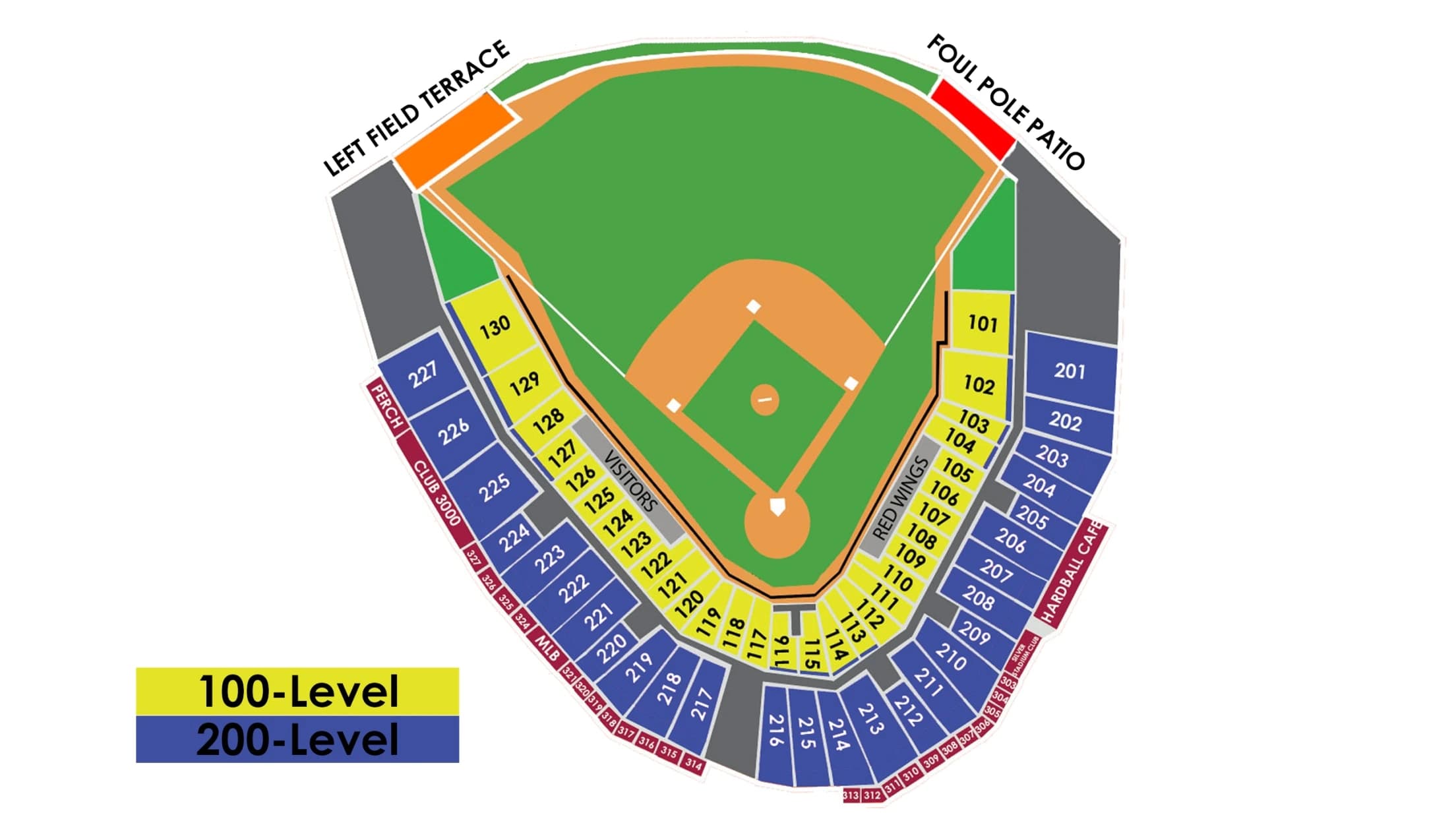 ESL Ballpark: Seating chart, ESL Ballpark — official-linked 100-/200-level baseball seating. Use the source chart for section and row details.