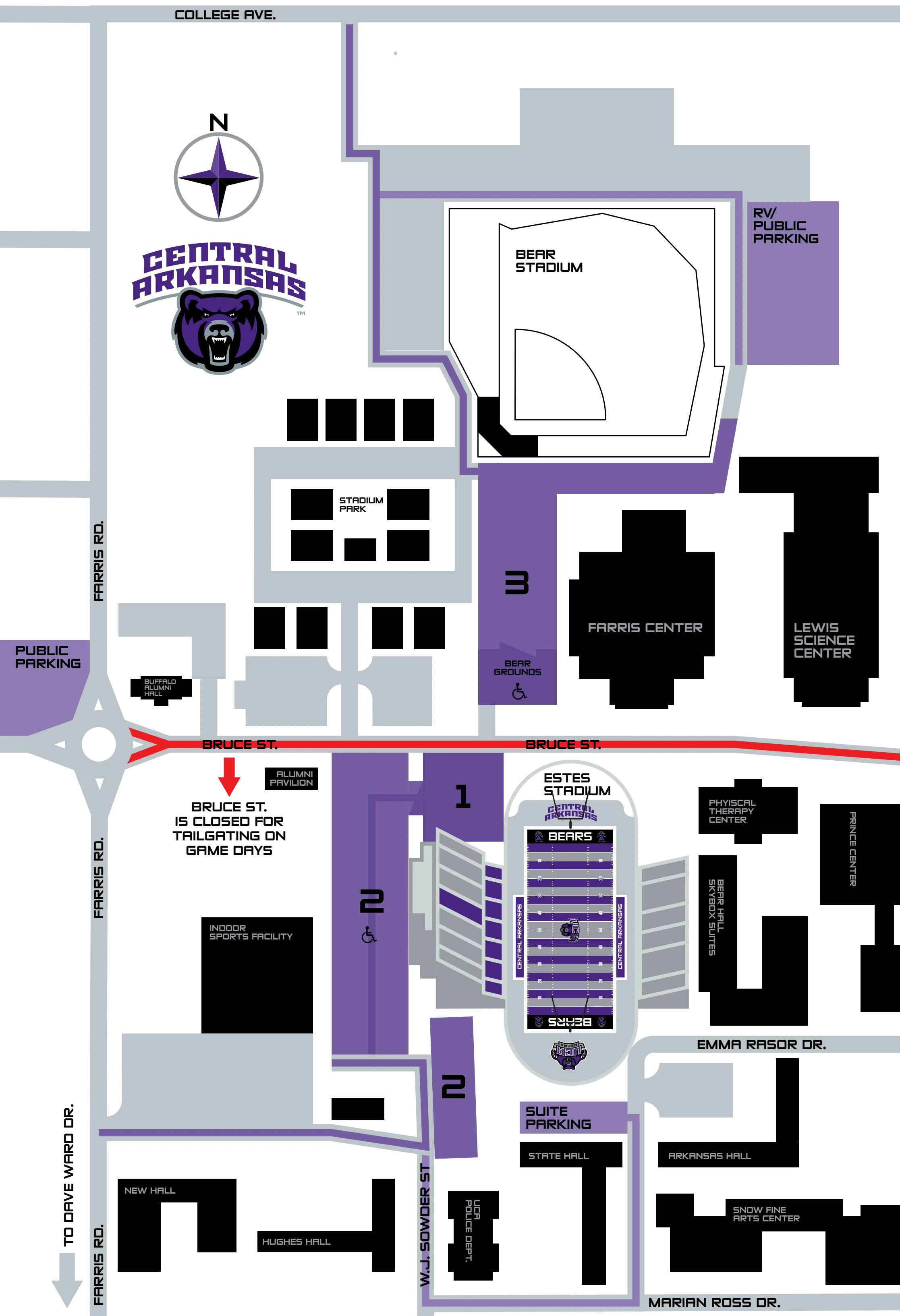 First Security Field at Estes Stadium: Venue layout, Central Arkansas — current-linked 2024 football parking plan. Use the original map for routes and visitor facilities.