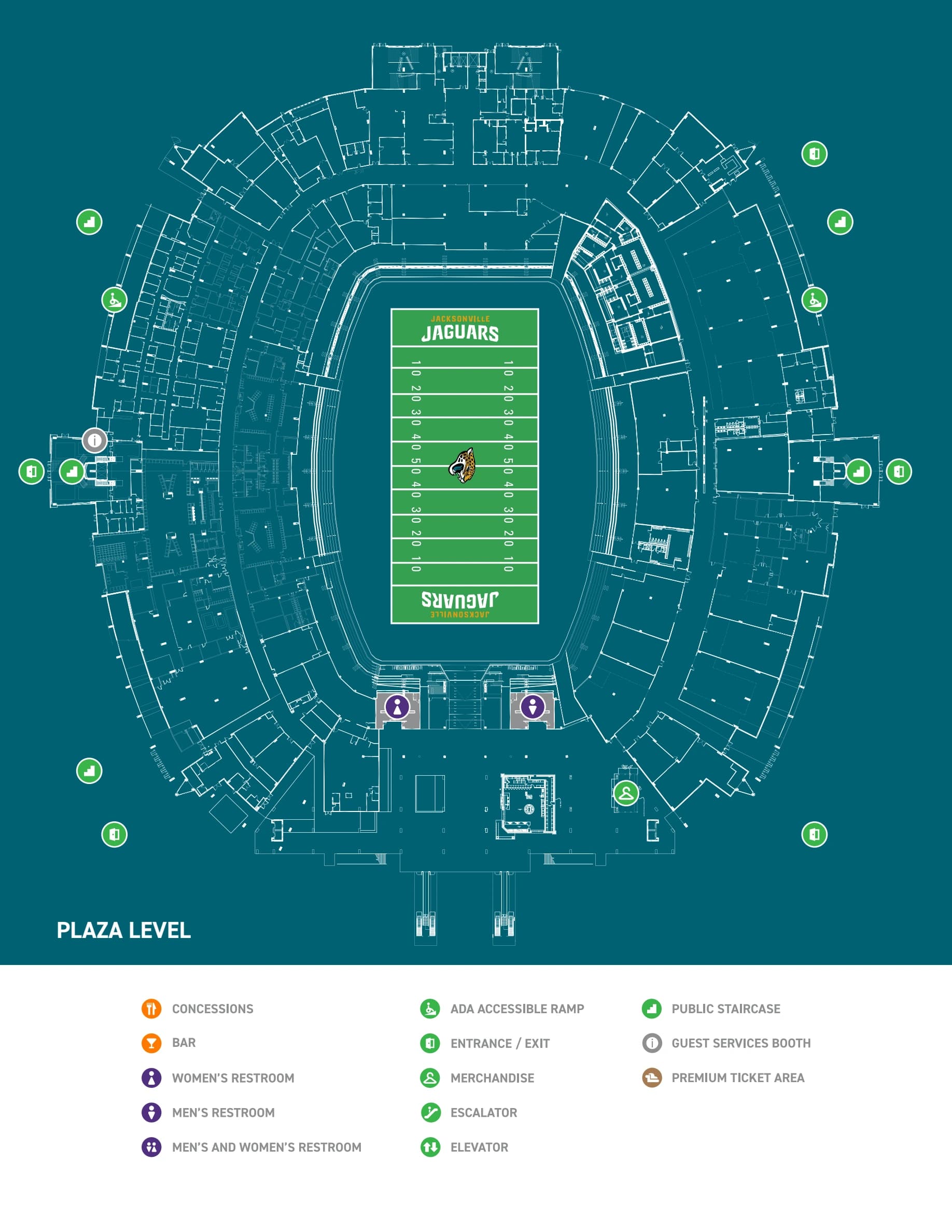 EverBank Stadium: Venue layout, EverBank Stadium — Plaza Level facilities plan. Use the original map for routes and visitor facilities.