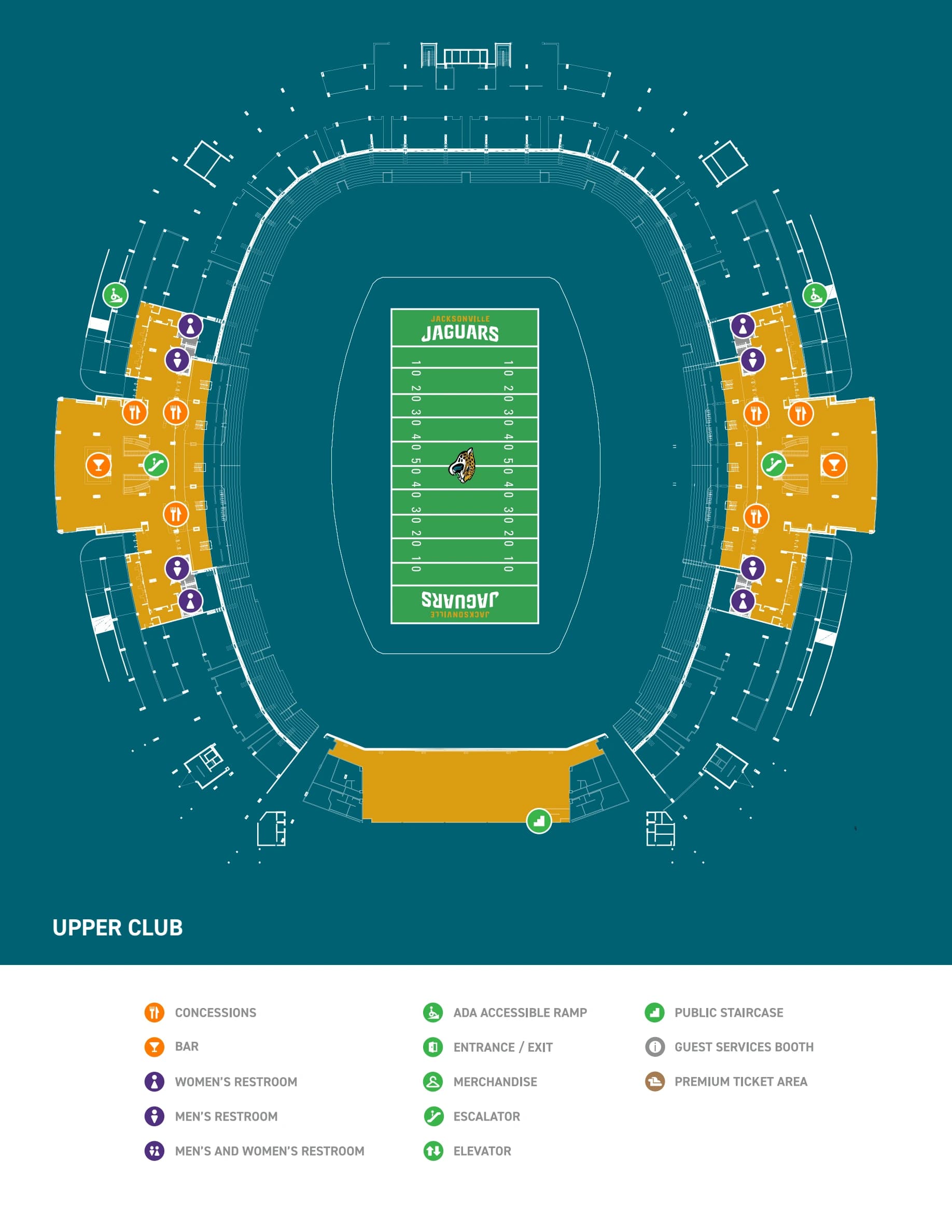 EverBank Stadium: Venue layout, EverBank Stadium — Upper Club facilities plan. Use the original map for routes and visitor facilities.