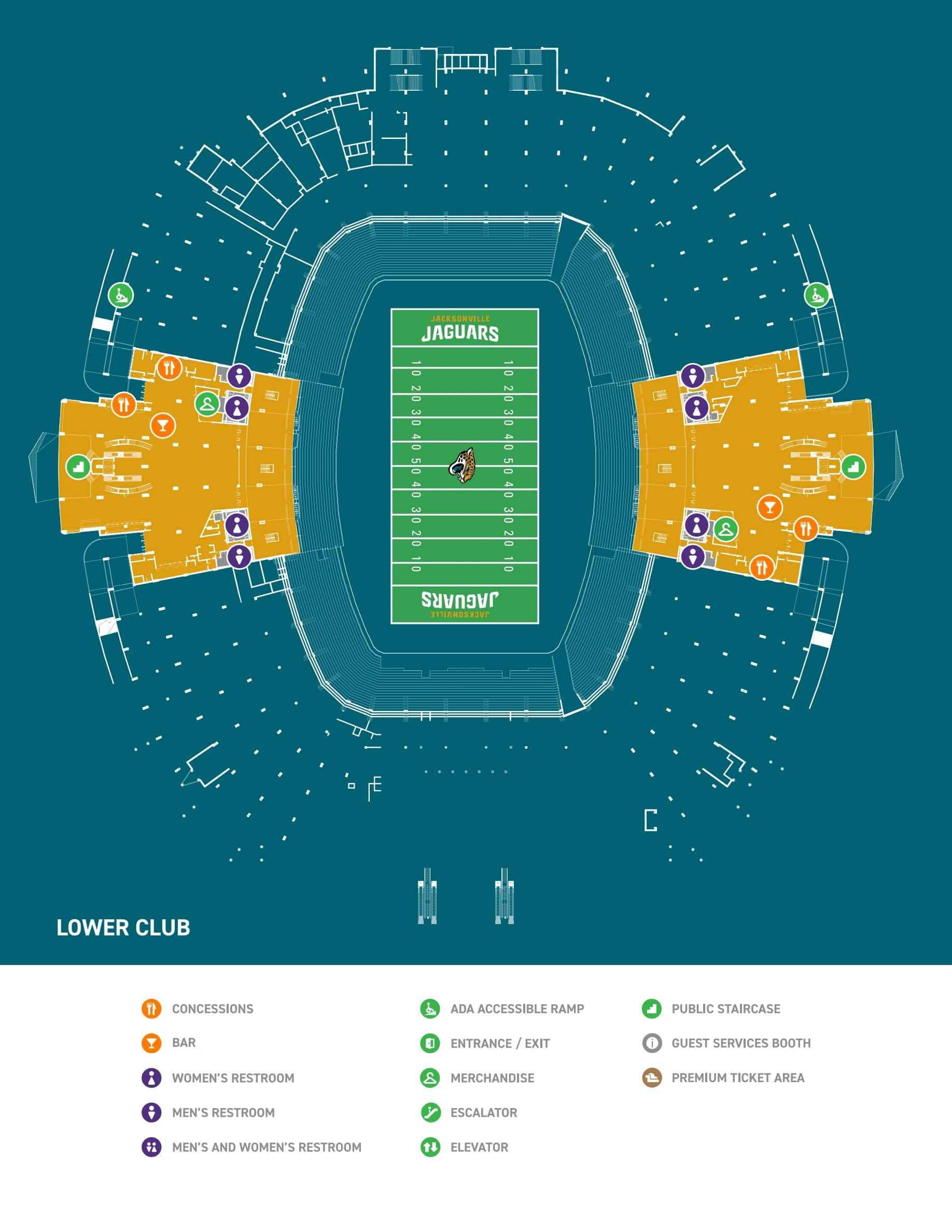 EverBank Stadium: Venue layout, EverBank Stadium — Lower Club facilities plan. Use the original map for routes and visitor facilities.