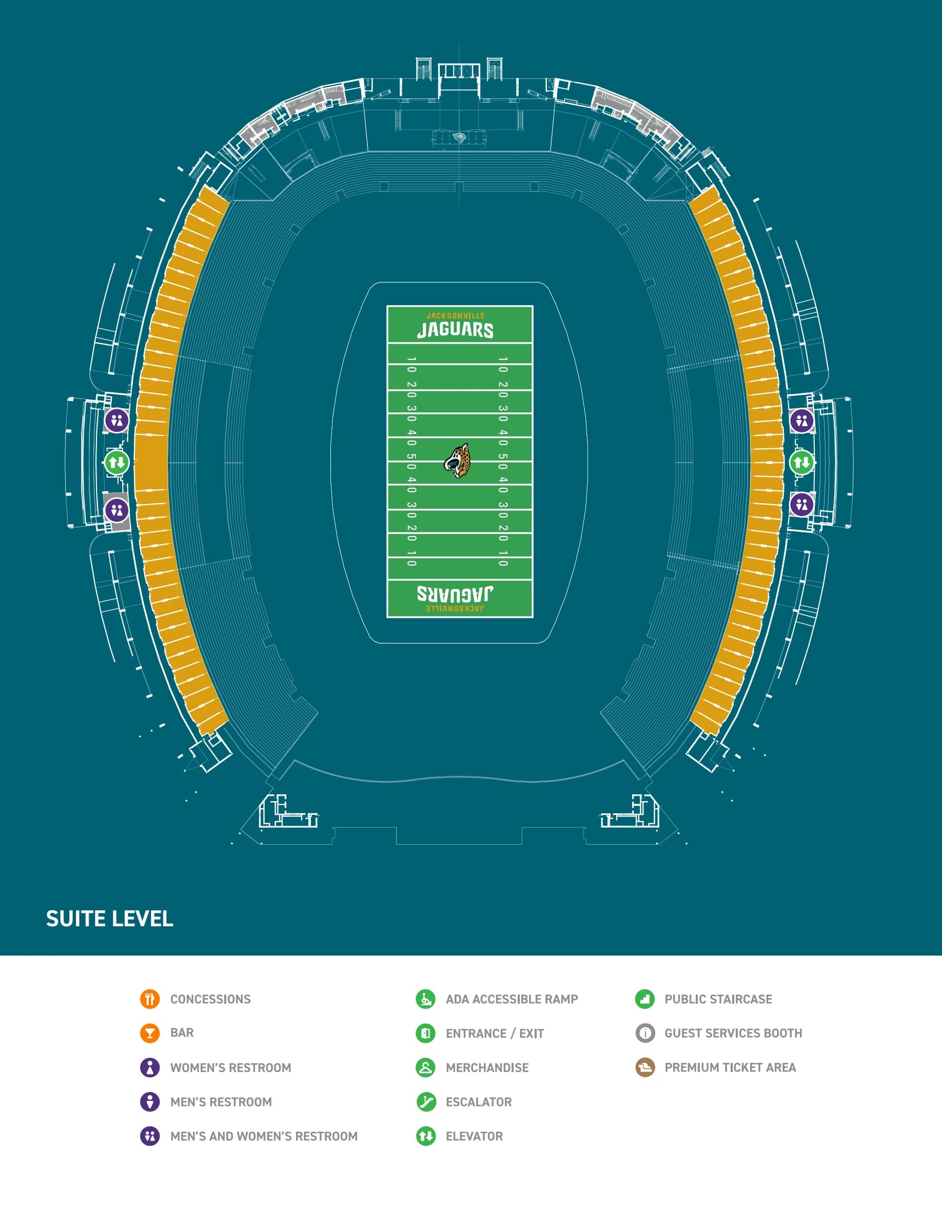 EverBank Stadium: Venue layout, EverBank Stadium — Suite Level facilities plan. Use the original map for routes and visitor facilities.
