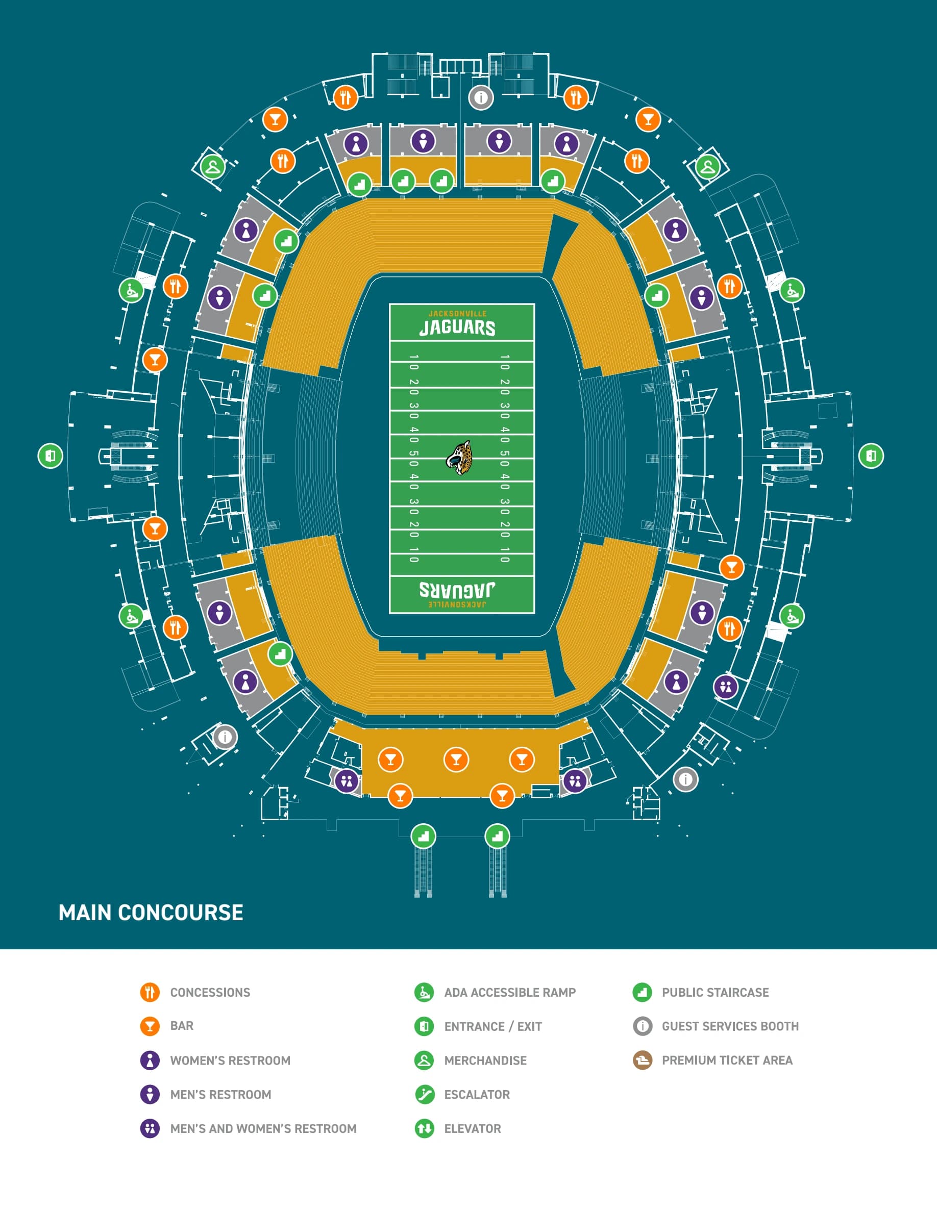 EverBank Stadium: Venue layout, EverBank Stadium — Main Concourse facilities plan. Use the original map for routes and visitor facilities.