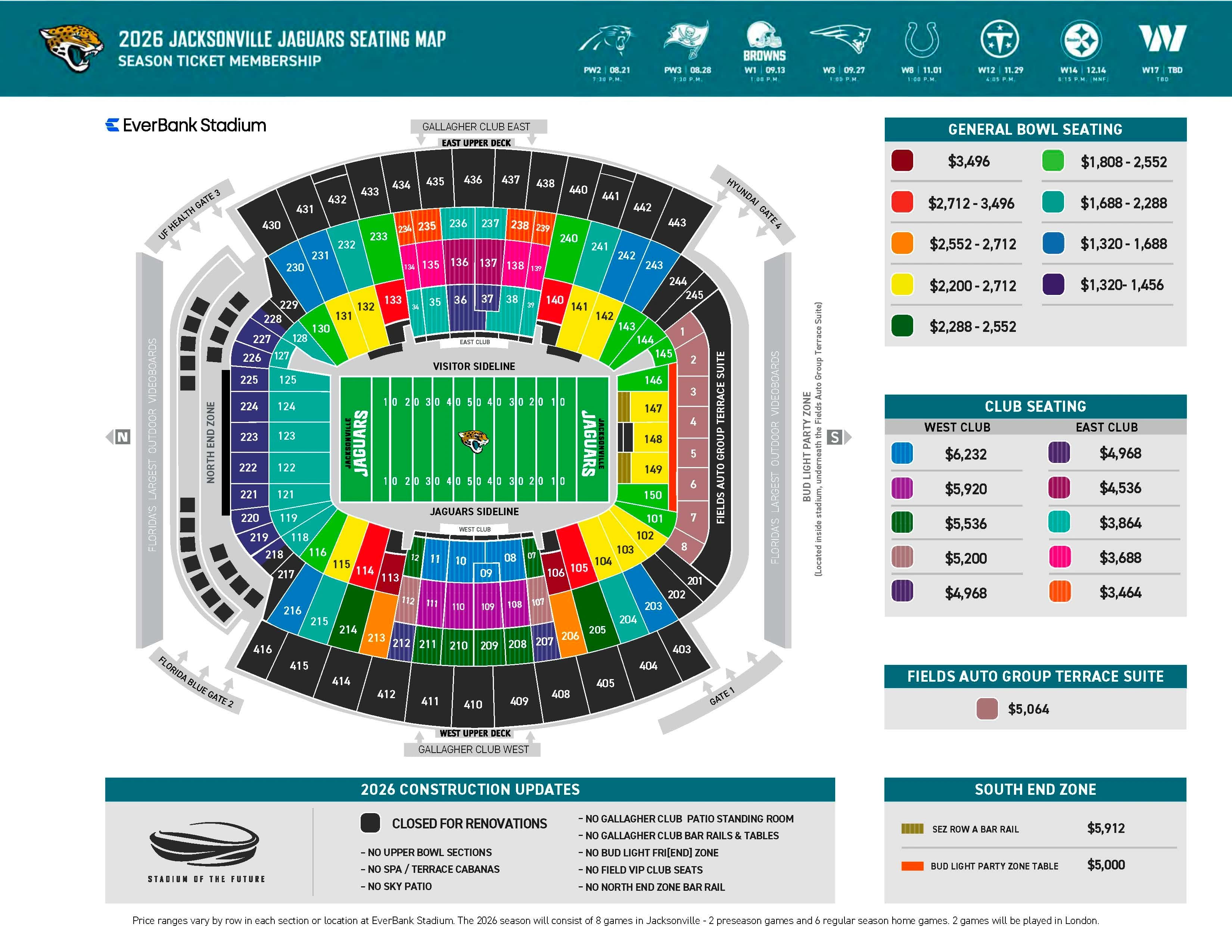 EverBank Stadium: Seating chart, EverBank Stadium — 2026 Jaguars seating and construction closures. Use the source chart for section and row details.