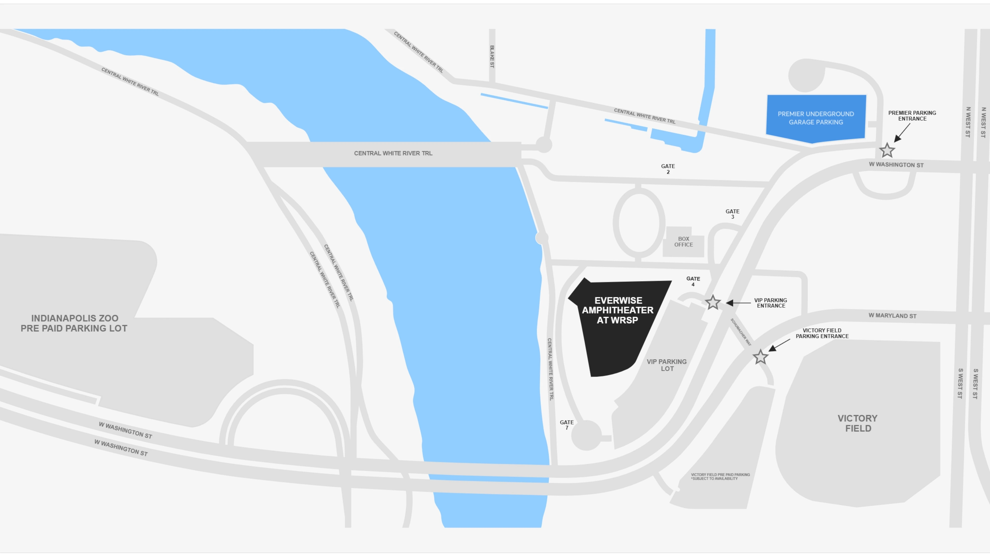 Everwise Amphitheater at White River State Park: Venue layout, Everwise Amphitheater at White River State Park — parking approaches. Use the original map for routes and visitor facilities.
