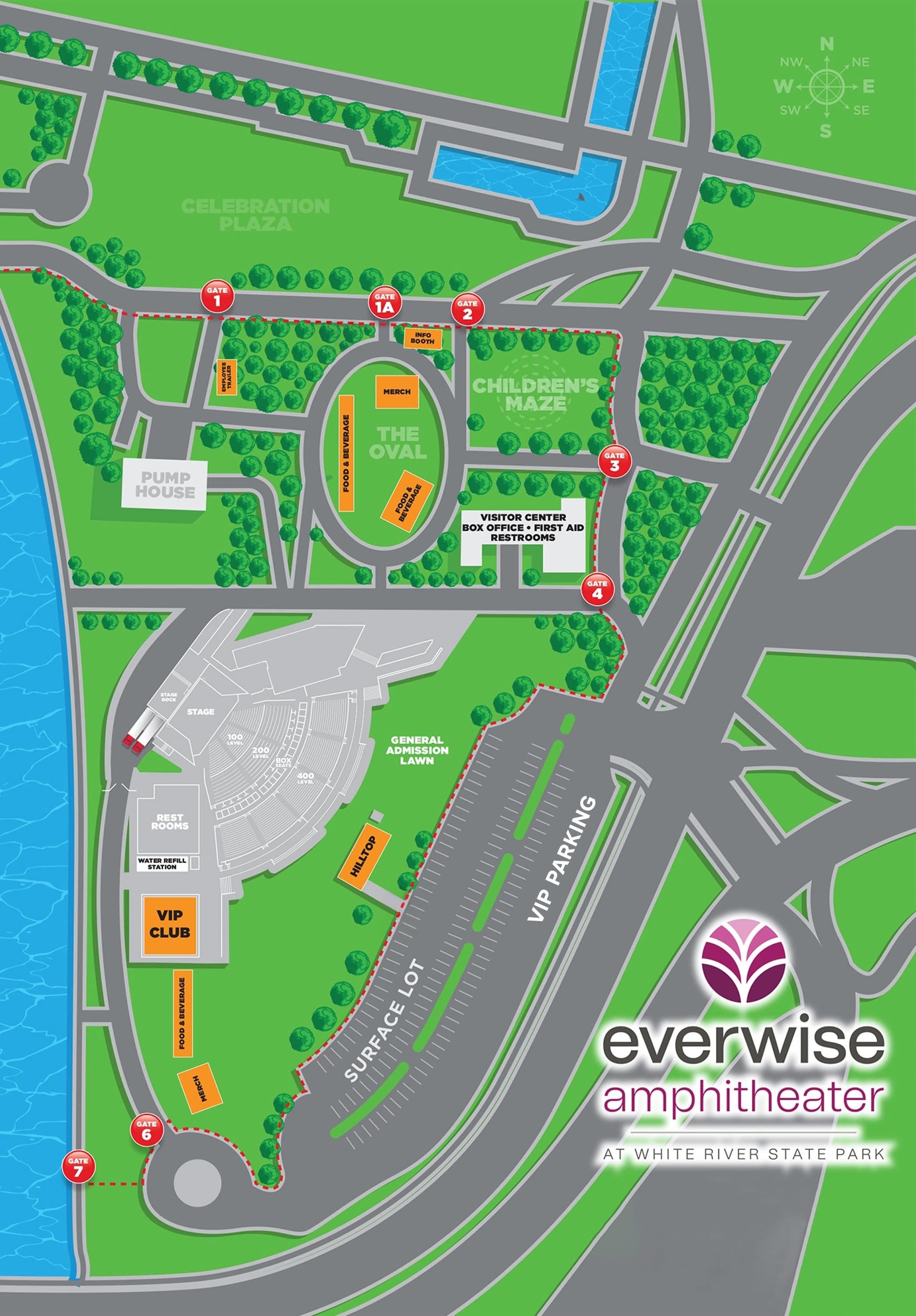 Everwise Amphitheater at White River State Park: Venue layout, Everwise Amphitheater at White River State Park — gates and amenities. Use the original map for routes and visitor facilities.